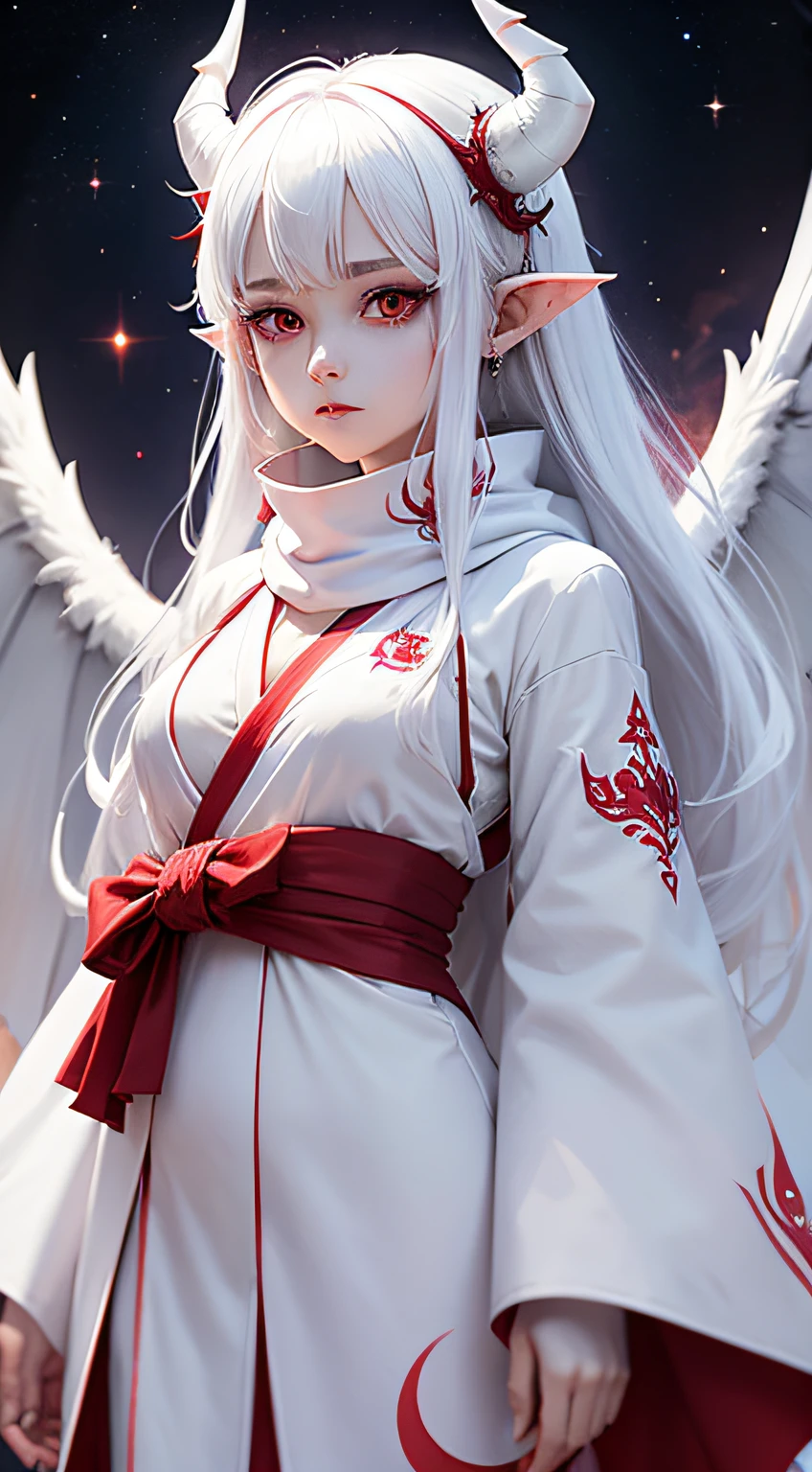 Demon Girl, white color hair, Red eyes, Blue scarf around the neck, white  clothes, white furisode, Golden line, white horns, devilish white tail with hair at the end,, long ears, de pele branca, Big white wings, Hanging in space.