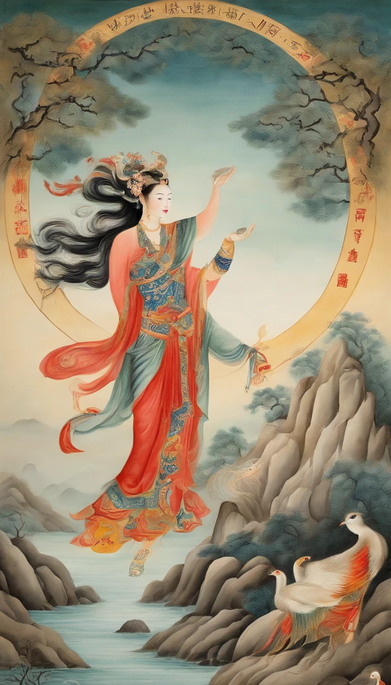 Chinese creation mythological scene, 5 characters in total:Female fairy,Raise both hands,tilt to the sky,Colorful fairy skirt,Hands holding colorful sacred stones,There is a hole in the sky。Ancient Chinese mythological environment,4 Extreme details,Chinese books《Chinese mythology and stories》