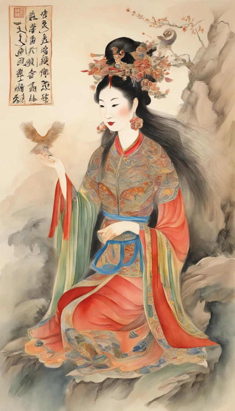 Chinese creation mythological scene, 5 characters in total:Female fairy,Raise both hands,tilt to the sky,Colorful fairy skirt,Hands holding colorful sacred stones,There is a hole in the sky。Ancient Chinese mythological environment,4 Extreme details,Chinese books《Chinese mythology and stories》