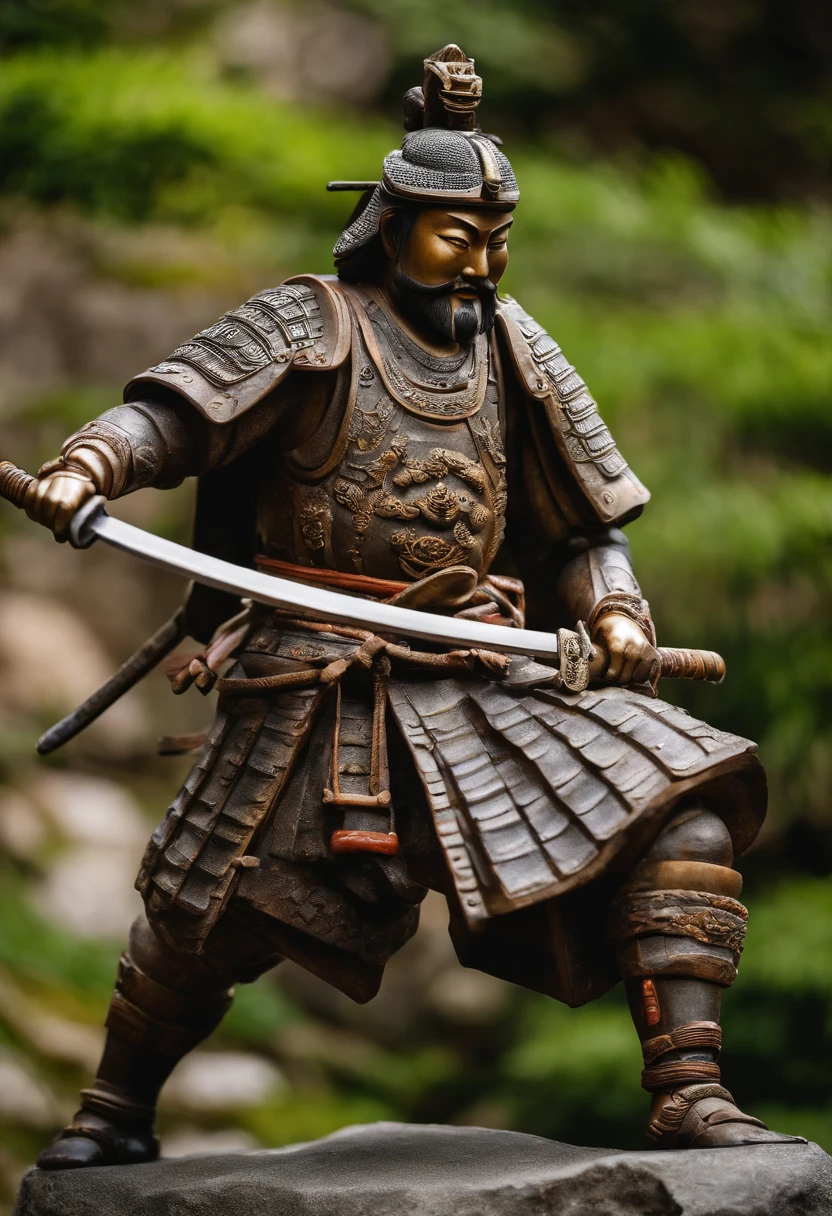 huge japanese samurai statue，Stone material。lots of body details，Delicate cheeks