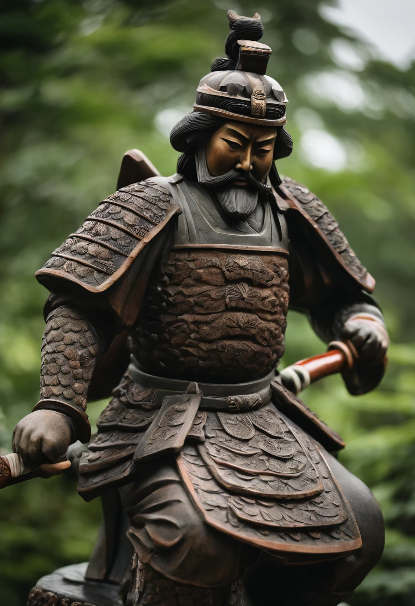 huge japanese samurai statue,Stone material。lots of body details,Delicate cheeks