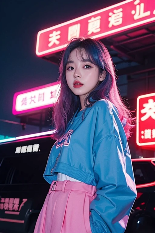 A woman stands in front of a neon sign。, a picture inspired by Ni Yuanlu, trending on cg society, pop-art, roseanne park of blackpink, Trending on CGSTATION, trending at cgstation, jossi of blackpink, nffsw, portrait of jossi of blackpink, jaeyeon nam, xision wu, sun yunjoo、Pink and blue hair、red-lips
