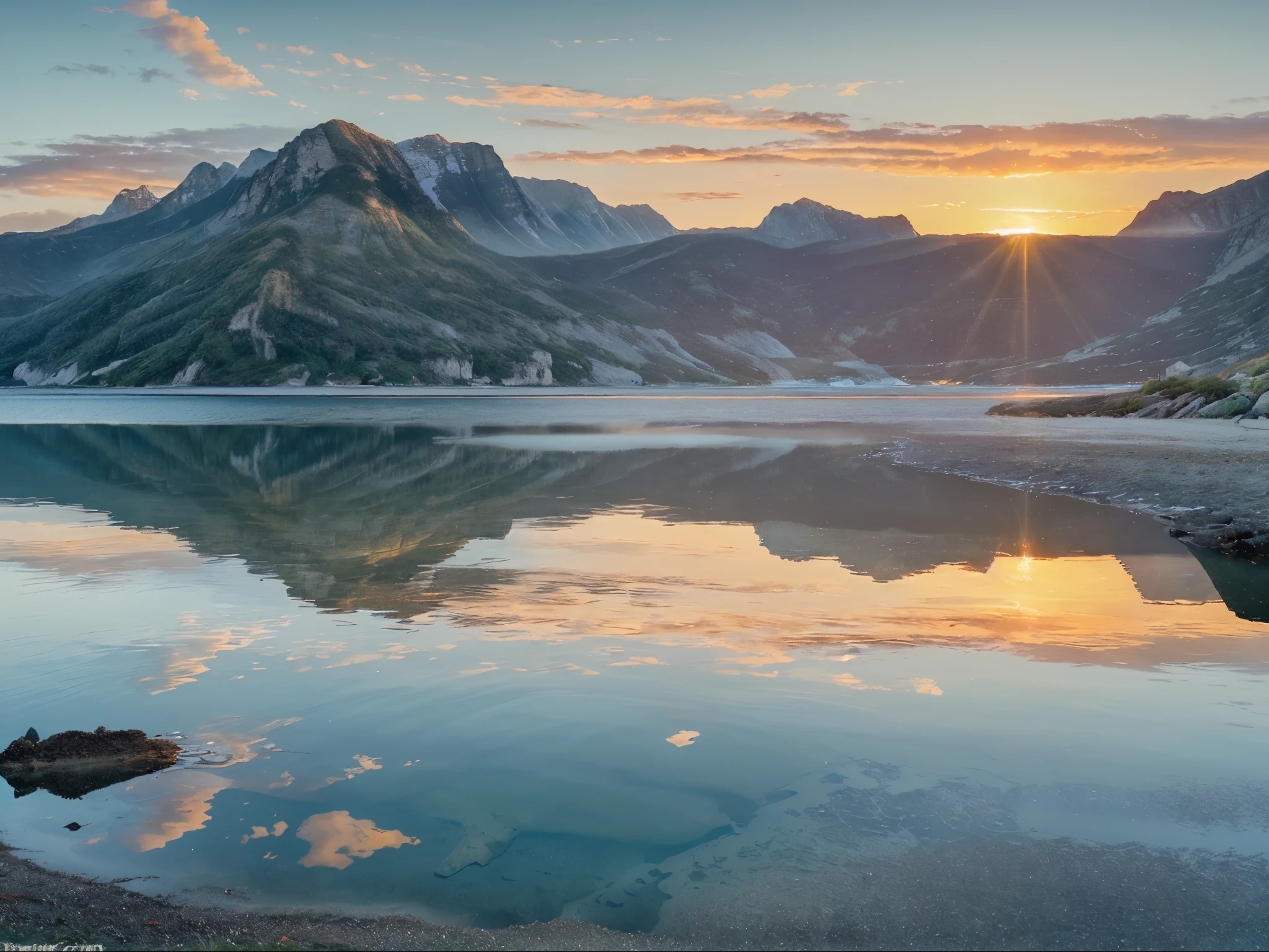 water, sunset, sky, lake, landscape, sea, sunrise, clouds, nature, reflection, sun, cloud, blue, beach, mountain, calm, mountains, ocean, evening, horizon, dusk, morning, beautiful, light