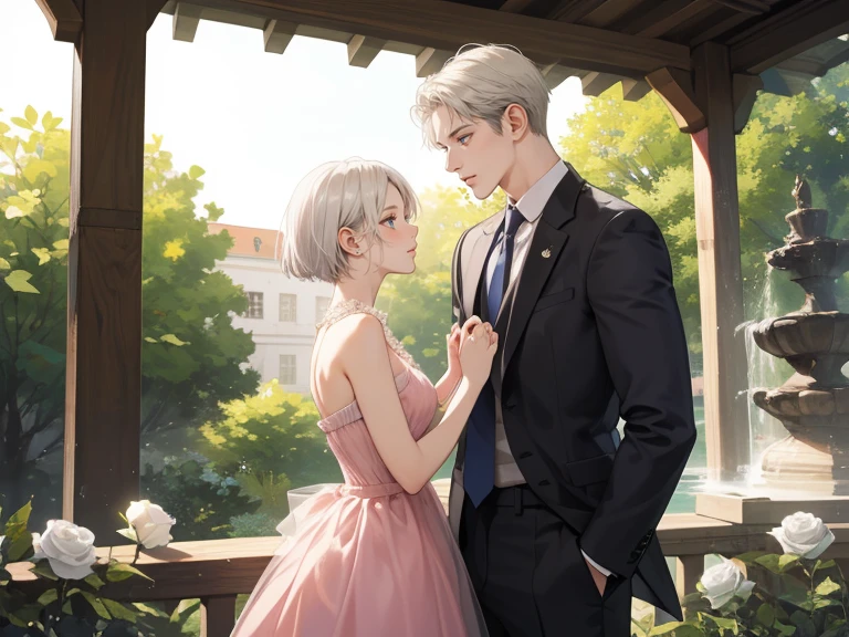 couple, 1 man 1 woman, different hair color, extremely detailed face, ((woman with short white hair, blue eyes)), man with short platinum blonde hair and dark grey eyes, face to face, holding hands, 25 years old, , (woman wears a pink summer dress), (man wears a black suit), dim light, boy is taller, (dark grey eyes man), background: garden, trees, fountain, white roses, atmosphere: romantic