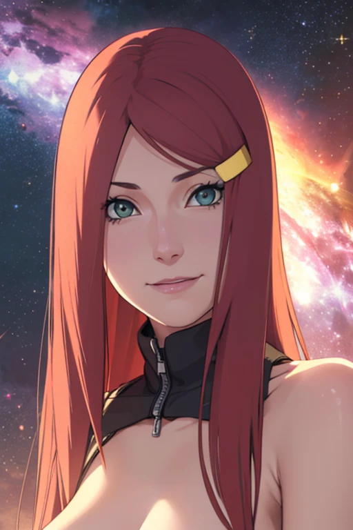 master part, high, high quality, detailed face, detailed body rendering, full body 1girl, solo, nude body, nude shoulders, Kushina Uzumaki, large breasts, lipstick, Standing, Blushes, smile, long hair, green eyes, hair clip, bracelet, space, stars, nebula, galaxy