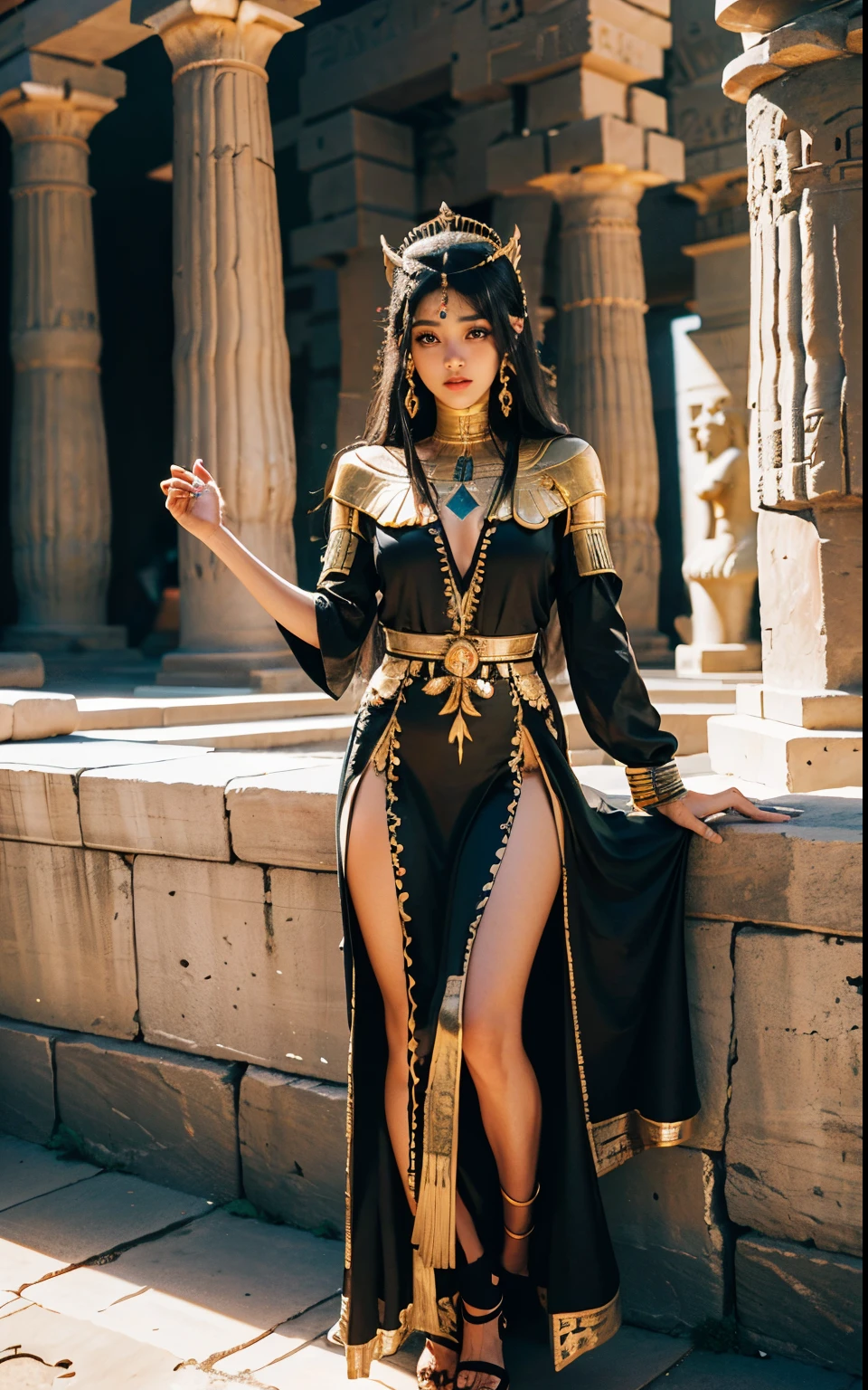 （Ancient Egyptian temples：1 menina com cabelo preto,An Egyptian princess）， tmasterpiece， melhor qualidade， Fotogr RAW， realista， o rosto， Incredibly ridiculous res，， pinos de orelha， (Long, flowing black hair)，Plain Ancient Egyptian Long Dress，jewelries，leg ties，profundidade de campos， A high resolution， Ultra - Detalhado， filigrana， RAWE is very detailed， olhos e rostos muito detalhados， sharp pupils， aluno realista， foco nítido， cinmatic lighting，corpo inteiroesbian，Peitos Gigantes，pernas longas，do lado da frente，Egyptian desert temple，Rio Nilo，dynamicposes，Postura normal