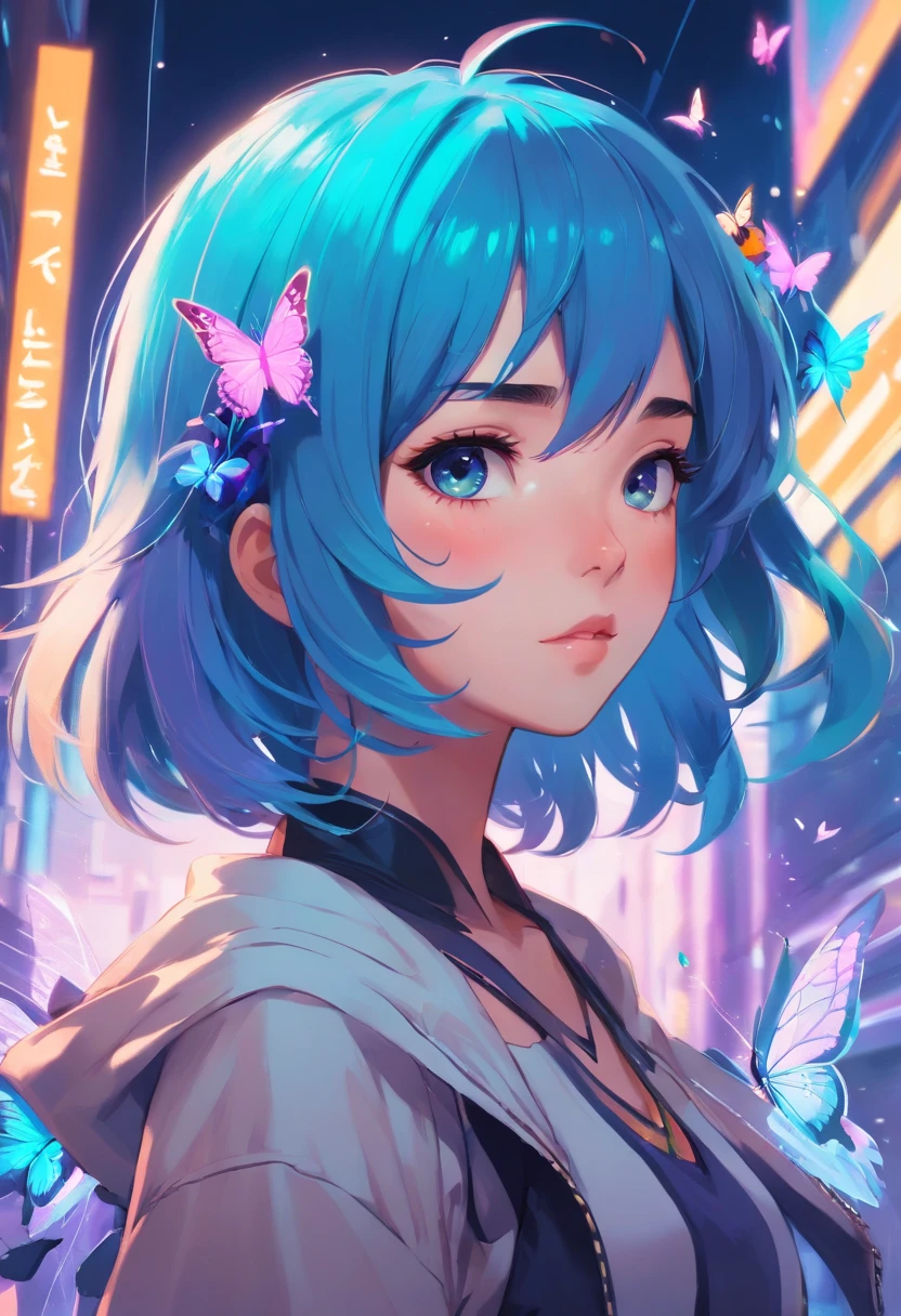 Anime illustration, a close up of a woman with blue hair and a butterfly, cyberpunk art inspired by Jeremiah Ketner, Artstation, gothic art, jen bartel, beeple and jeremiah ketner, pastel goth, loish |, loish art style, pastel goth aesthetic, detailed fanart, cyberpunk flowerpunk, trending on deviant art, neoartcore and charlie bowater
