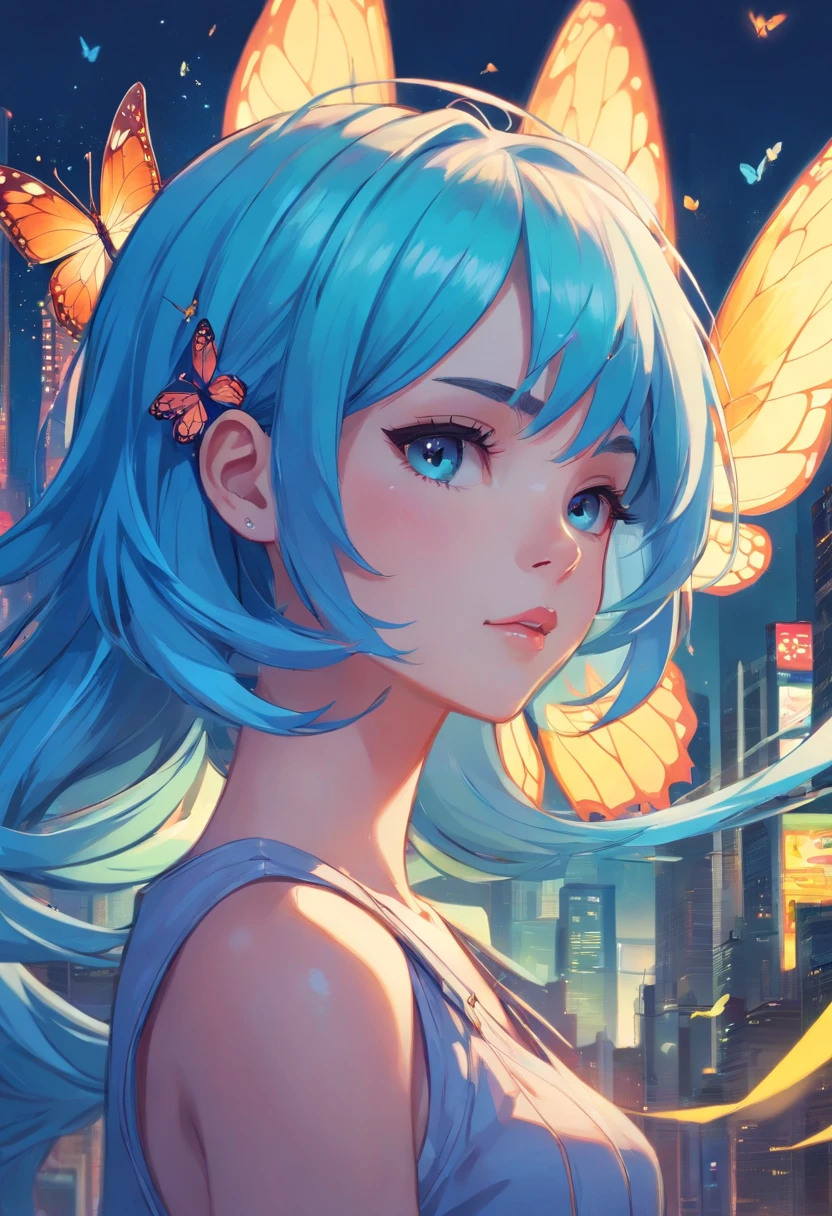 Anime illustration, a close up of a woman with blue hair and a butterfly, cyberpunk art inspired by Jeremiah Ketner, Artstation, gothic art, jen bartel, beeple and jeremiah ketner, pastel goth, loish |, loish art style, pastel goth aesthetic, detailed fanart, cyberpunk flowerpunk, trending on deviant art, neoartcore and charlie bowater
