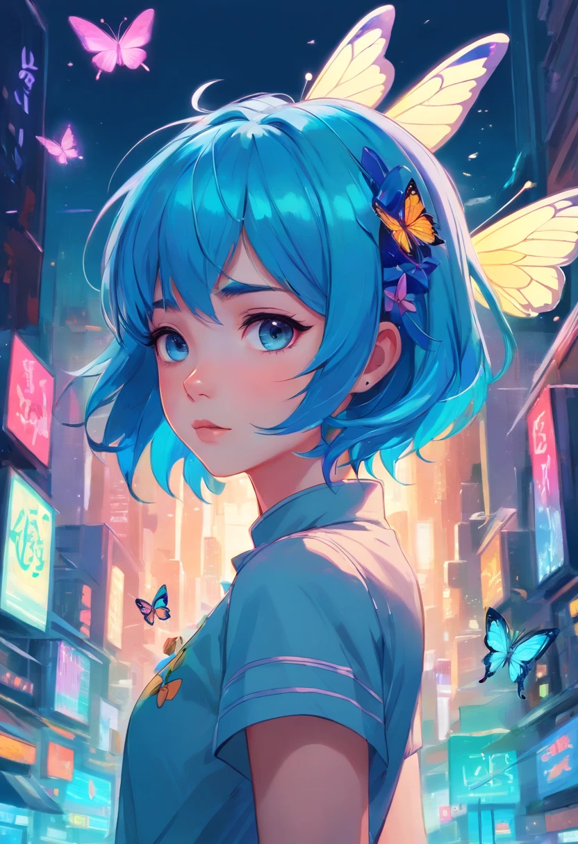 Anime illustration, a close up of a woman with blue hair and a butterfly, cyberpunk art inspired by Jeremiah Ketner, Artstation, gothic art, jen bartel, beeple and jeremiah ketner, pastel goth, loish |, loish art style, pastel goth aesthetic, detailed fanart, cyberpunk flowerpunk, trending on deviant art, neoartcore and charlie bowater