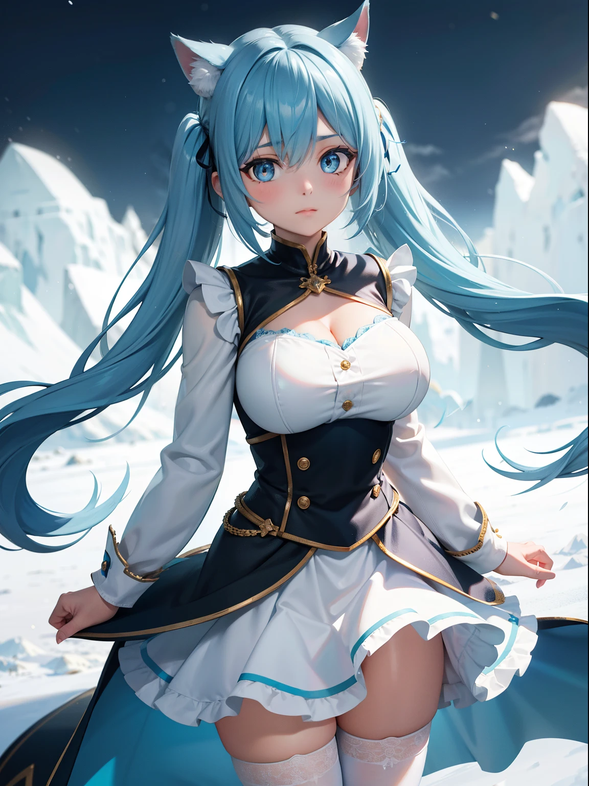 big breasts beautiful, Young woman, In the crystal and ice zone, drifting snow, ride horse, White hours, Gradient hair, Blue hair, blue hairs, twintail hair, eyes reflection, disdain, Ray traching, reflective light, blurry, Glowing light, depth of fields, lightand shade contrast, stereograms, zoom layer, cowboy lens, f/2.8, Bokeh, tmasterpiece, best qualtiy, high qulity, k hd,White stockings
