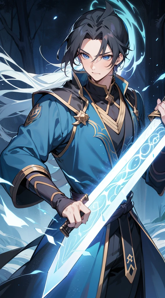 Long black hair、Anime boy in black holding sword in the woods at night,gilgamesh, grand order of destiny, style anime, Like fate/spend the night with, destiny / spend the night with, Portrait of a magical blond prince, handsome anime pose, Fate still stays at night, joseph joestar, male anime characters, Produced by Anime Painter Studio, 8K!