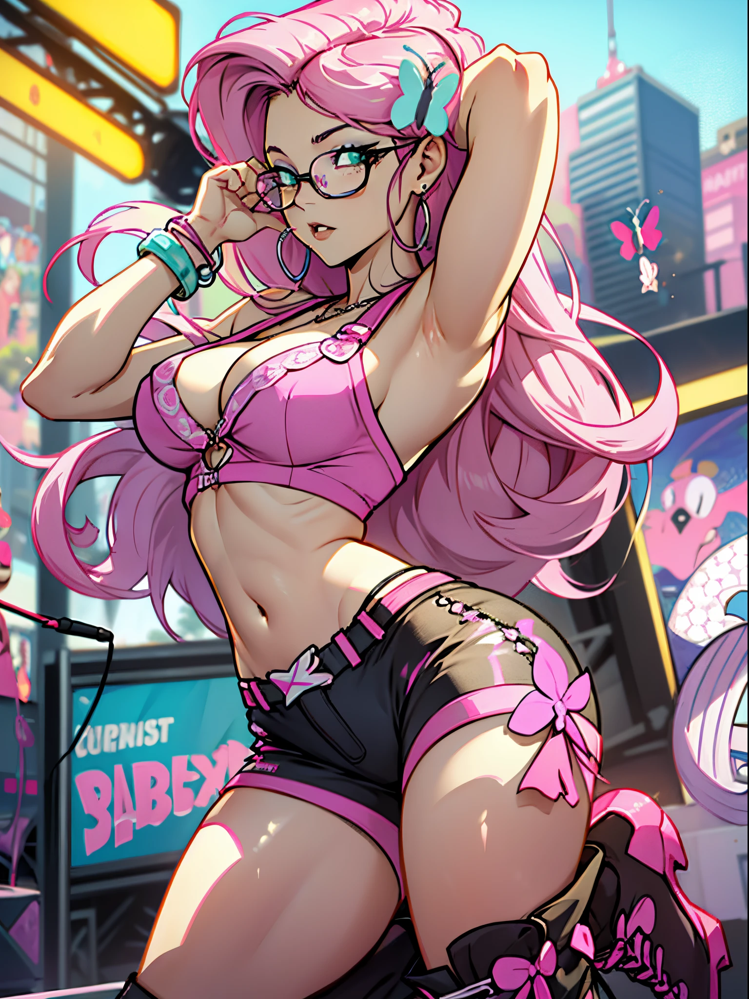 Fluttershy, Fluttershy of my little pony, big breastes, Lush breasts, elastic breasts, exuberant hair, pink hair, Rapper, rapper outfit, Cool, jersey, on the stage, tape recorder, wearing rapper glasses, badass pose, beste-Qualit, Very detailed, bracelets on hand, yellow pink clothes, pink boots, a lot of yellow, a lot of pink, Butterflies