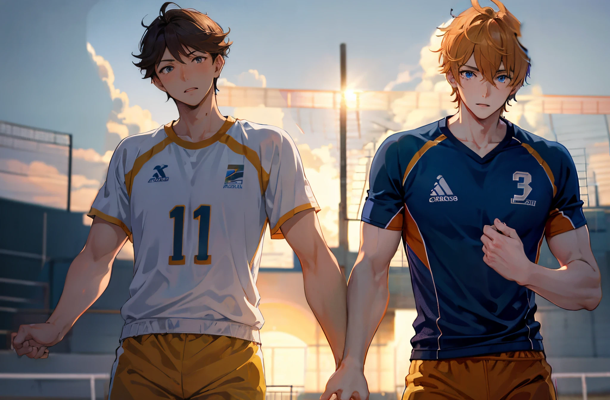 masterpiece, 2 men volleyball players holding hands, cute, cinematic lighting, volleyball court, sharp focus, tartaglia, blue eyes, orange hair