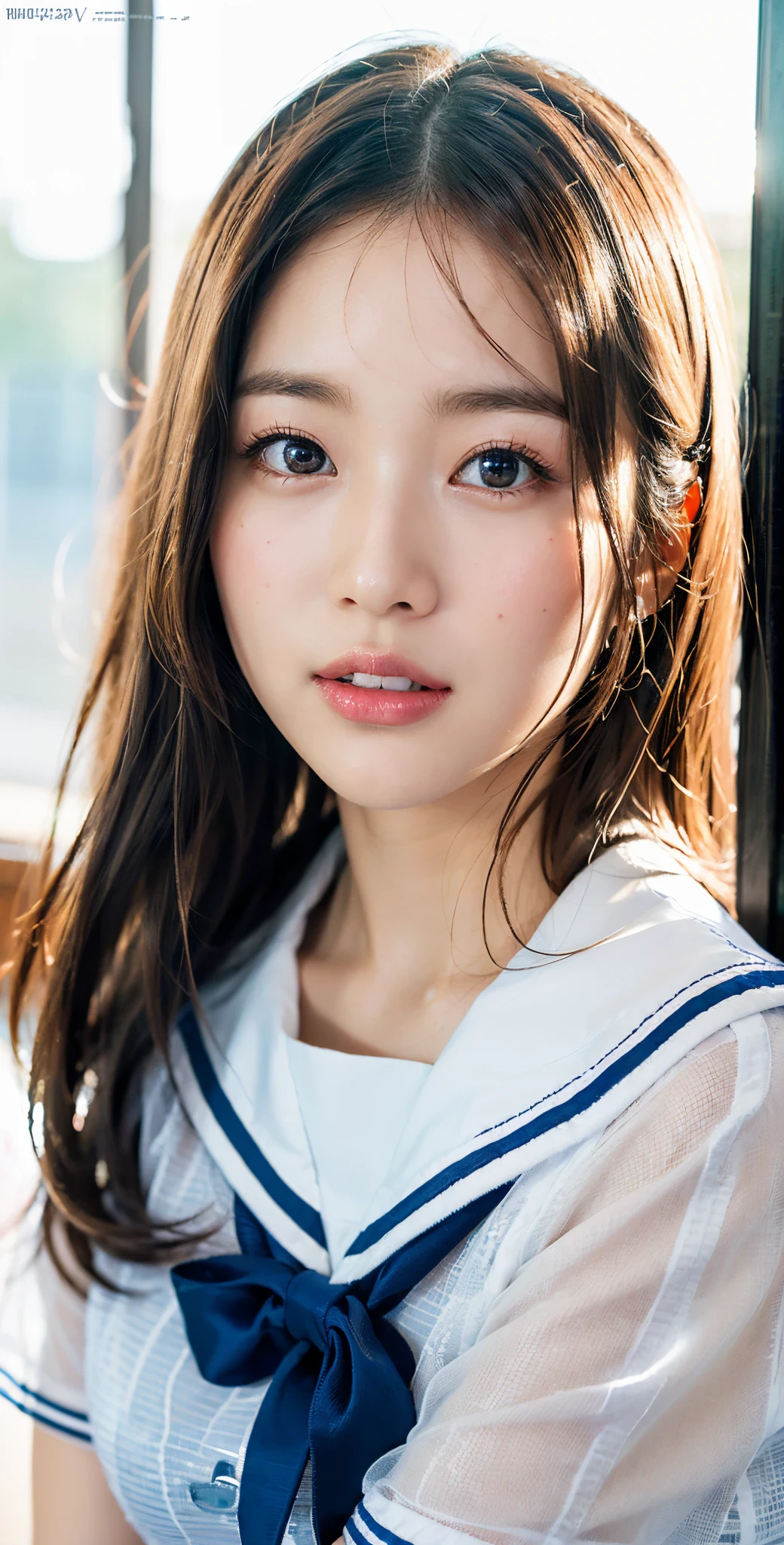 ulzzang-6500-v1.1, (Raw photo:1.2), (Photorealsitic), a beautiful detailed girl, extremely detailed eye and face, beatiful detailed eyes, huge filesize, hight resolution, ighly detailed, top-quality, [​masterpiece:1.6], illustratio, ighly detailed, CG, finely detail, top-quality, 8k wallpaper, Cinematographic lighting, (See-through:1.3),white serafuku,sailor dress, White theme,School uniform, Sailor Suit, Looking at Viewer,  Maniacal, messy long hair, Beautiful detailed eyes, Cute drooping eyes、Hair glows,Dramatic Angle,blue sailor collar, perky breast,lightsmile,partially underwater shots...