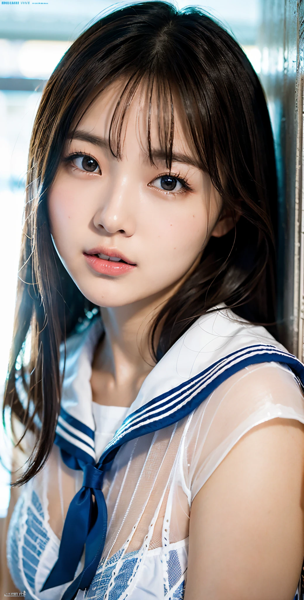 ulzzang-6500-v1.1, (Raw photo:1.2), (Photorealistic:1.4), Beautiful detailed girl, Very detailed eyes and face, Beautiful detailed eyes, Huge file size, (Big), High Resolution, Very detailed, Best quality, [Masterpiece:1.6], [JK Uniform], Illustration, Very detailed, CG, Fine detail, Best quality, Highly detailed CG uniform 8k wallpaper, movie lighting, 1 girl, , cute Japan high school girl, perfect figure, [unbuttoned white school blouse], large taut breasts, [huge breasts, heavy breasts: 1.6], cute droopy eyes, beautiful big eyes, white school blouse, see-through bra, sweaty and wet, [sexual arousal: 1.1], [Sexual arousal: 1.1] Lying in bed: 1.5], hands raised, school uniform ribbon around the neck, smile, (the whole body is wet), shining eyes