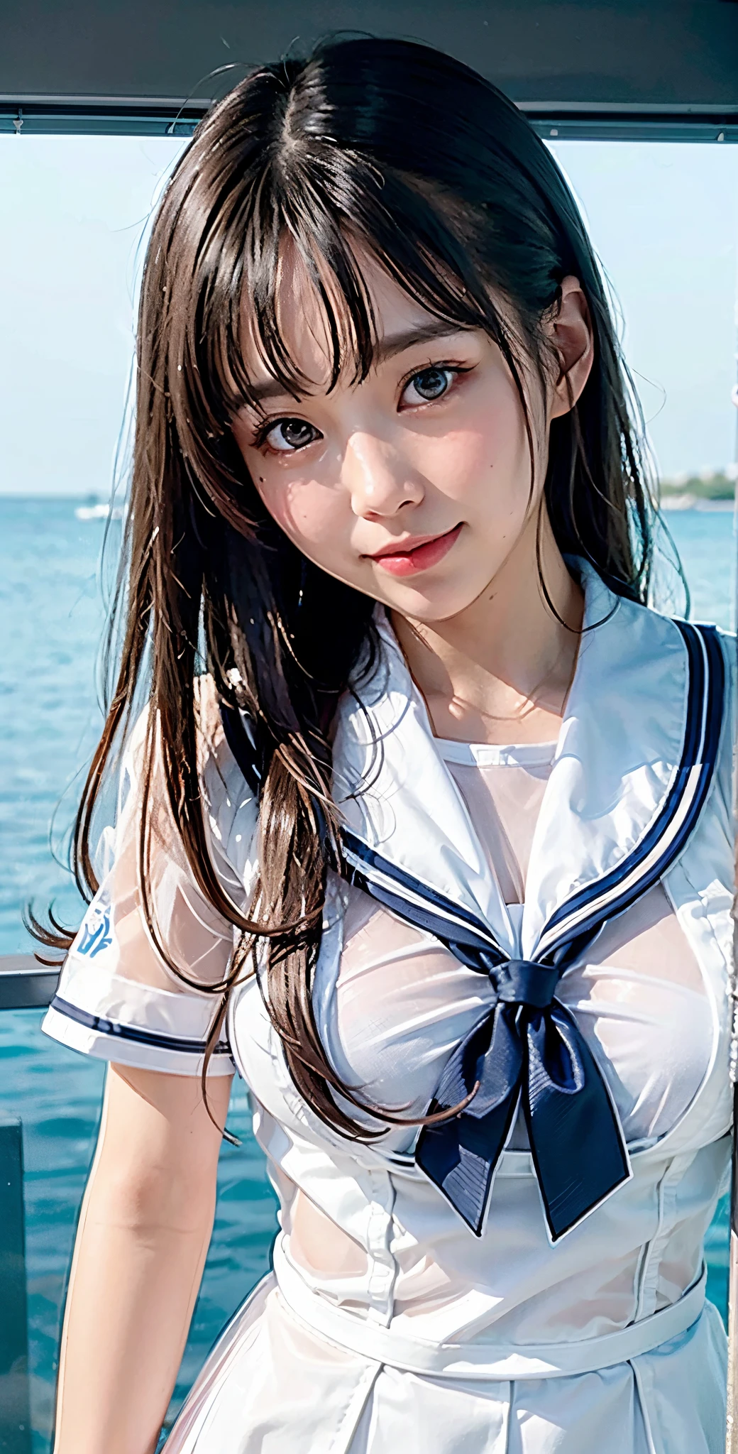 (See-through:1.3),white serafuku,sailor dress, White theme,School uniform, Sailor Suit, Looking at Viewer,  Maniacal, messy long hair, Beautiful detailed eyes,Hair glows,Dramatic Angle,blue sailor collar, perky breast,lightsmile,partially underwater shots...