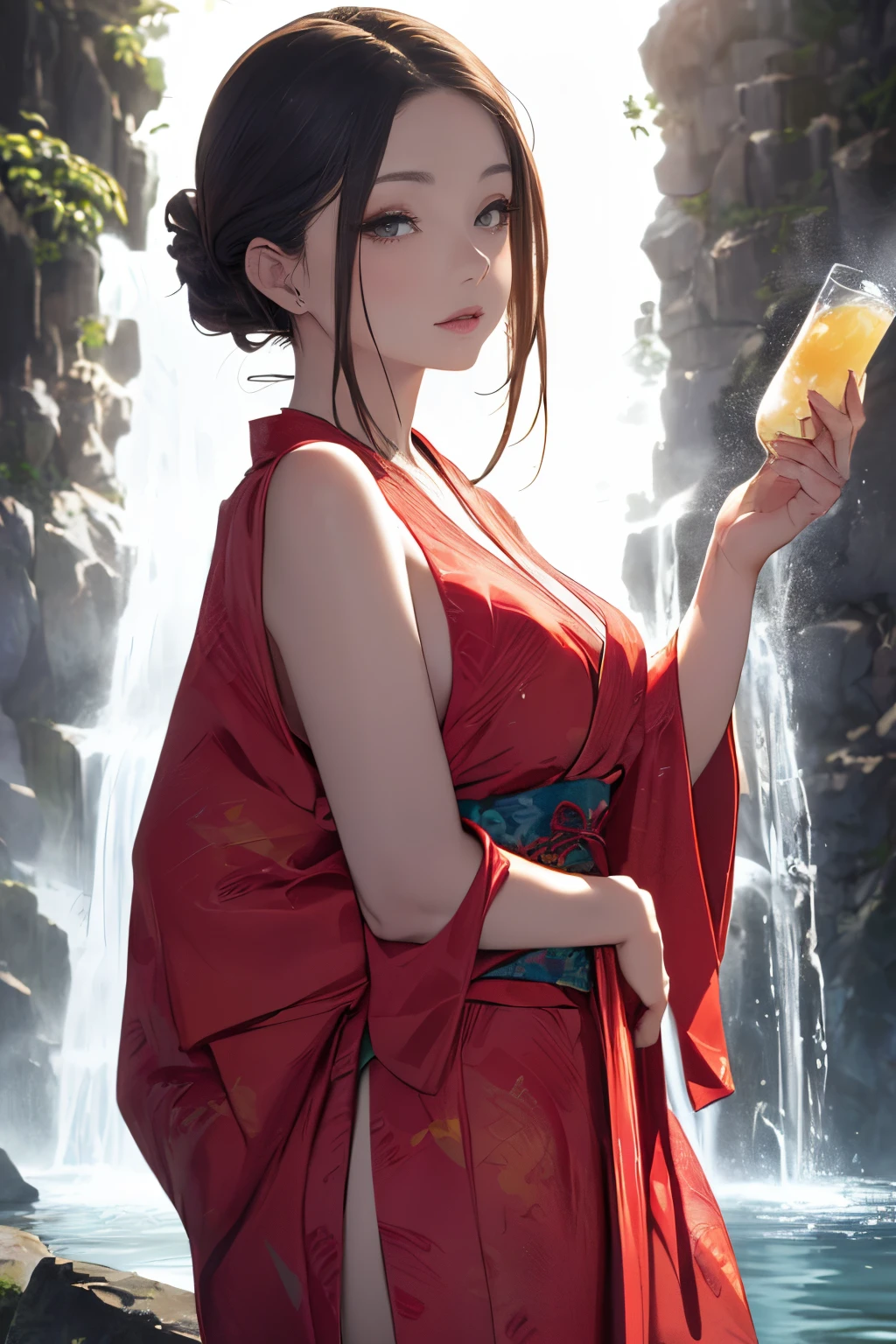 (((Standing in the middle of a waterfall on a moonlit night))),((beautiful woman standing in the middle of the pond:1)),((Beautiful half-naked woman in a beautiful waterfall basin)), ((Sharp bewitching eyes))、((A sexy))、(((See through Japanese nightgowns:1.3)))、((Kimono made of thin cloth wet with water:1)), pale skin、(Nipple bumps:1), (((1 girl in:1))), ((pale skin))、Melancholy beautiful face、Beautiful expression、Sexy face、Nipple bumps, (((Lower breast)))、(((Beautiful breasts ))), Beautiful 、Super fine face、Delicat eyes、(Double eyelids)、 (((1 Japan Woman)))、 Beautie, 20yr old,((See-through kimono)), (Show off by wearing Japanese revealing clothes),