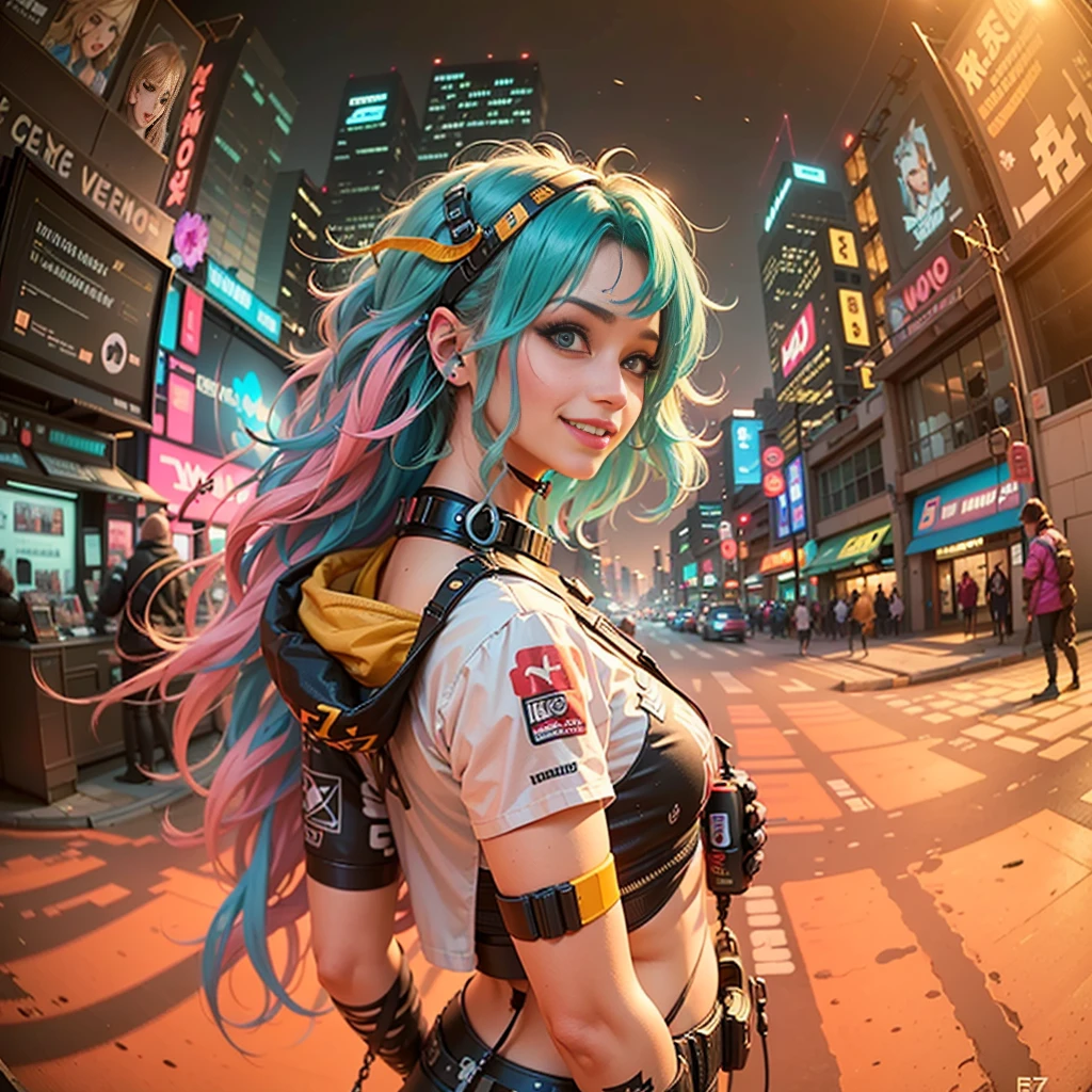 cyberpunk girls wearing colorful Harajuku style pop outfit)), ((((fisheye lens)))), cowboy shot, wind, messy hair, ((cyberpunk 2077 cityscape)), (cyberpunk aesthetics and atmosphere:1.3), bright colors, smiling, ((cinematic lighting))