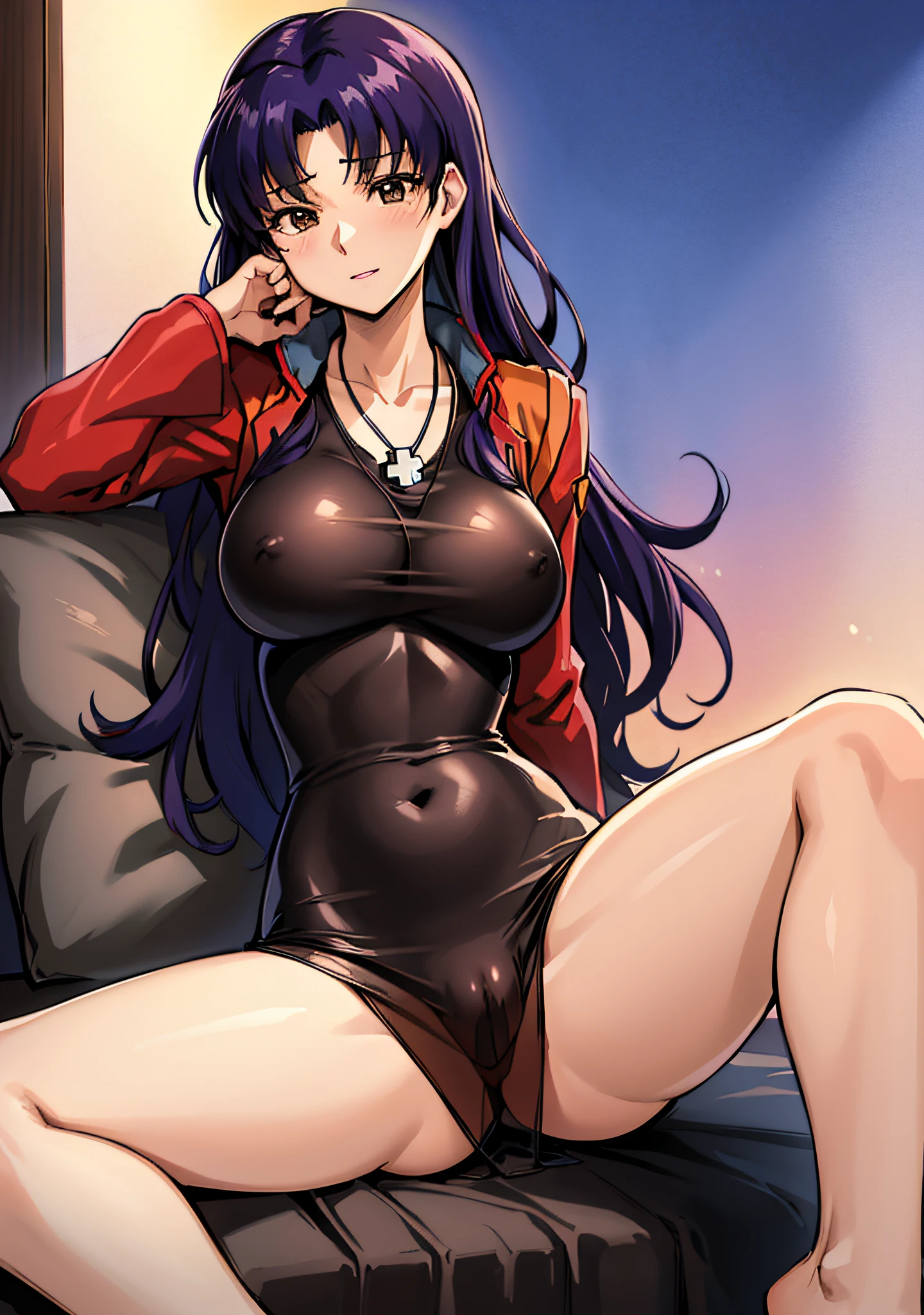 (masutepiece),(Best Quality), Katsuragi Misato, 、huge tit、See-through black dress,Seductive underwear、Sleeping in bed、 Spread your legs apart、Brown eyes,  Cross Necklace,  Red jacket,  Close, Outside,  Persistent stare, Sharp eyes, Spread your legs apart、sexy langeries