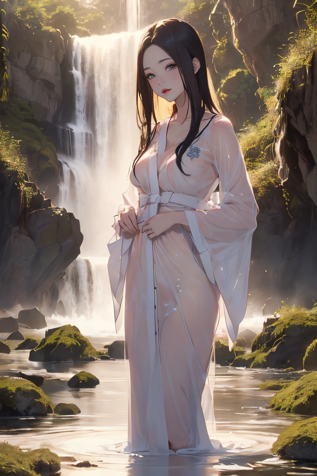 (((Standing in the middle of a waterfall on a moonlit night))),((beautiful woman standing in the middle of the pond:1)),((Beautiful half-naked woman in a beautiful waterfall basin)), ((Sharp bewitching eyes))、((A sexy))、(((See through Japanese nightgowns:1.3)))、((Kimono made of thin cloth wet with water:1)), pale skin、(Nipple bumps:1), (((1 girl in:1))), ((pale skin))、Melancholy beautiful face、Beautiful expression、Sexy face、Nipple bumps, (((Lower breast)))、(((Beautiful breasts ))), Beautiful 、Super fine face、Delicat eyes、(Double eyelids)、 (((1 Japan Woman)))、 Beautie, 20yr old,((See-through kimono)), (Show off by wearing Japanese revealing clothes),