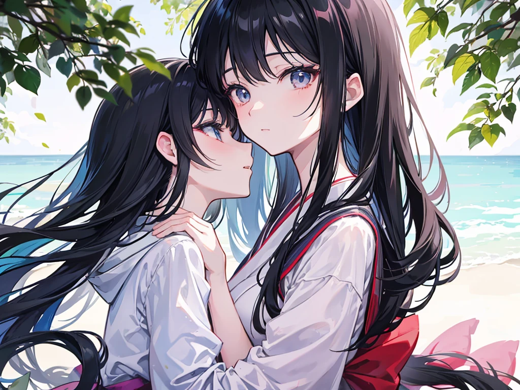 cutaway shot of a boy, black hair, white t-shirt, blue eyes, and a girl with loose and disheveled black hair, wine red eyes, scientific coat, looking and kissing, kiss, kissing, love concept art, shojo romance, animated background art, high quality fanart, Makoto Shinkai Style, 4k manga wallpaper, Warm and beautiful scene, beautiful anime, anime background, adorable