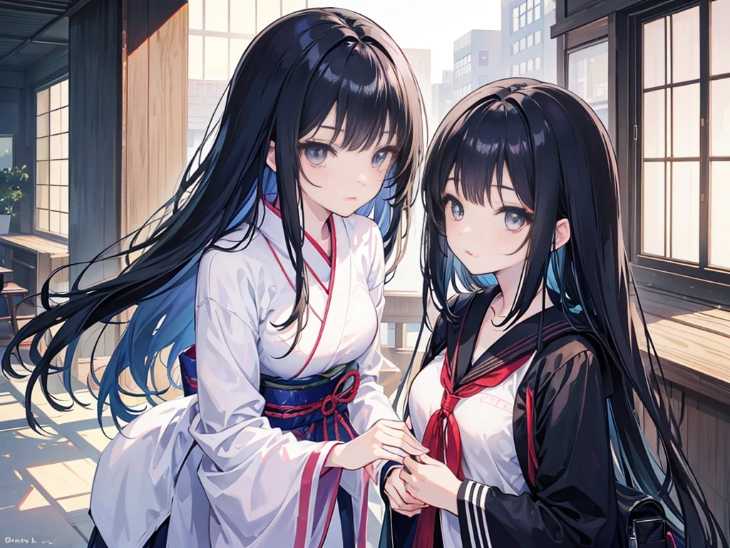 Japanese anime-style two-dimensional couple, high school students with black hair and beautiful eyes, sweet and interactive, fair skin, campus light and shadow, exquisite hair and detailed drawings