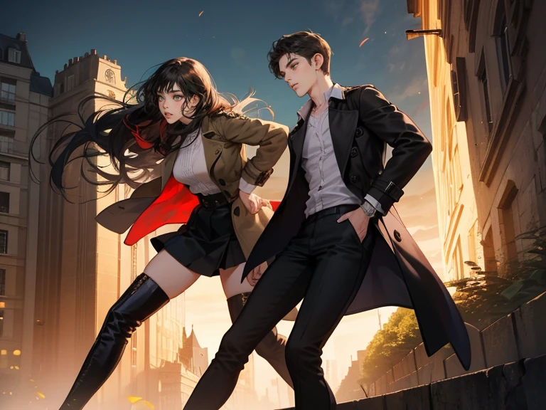 couple, 1 man 1 woman, extremely detailed face, ((woman with long black hair, dark green eyes)), man with short curly dark hair and dark browneyes, 25 years old, , (woman wears red long sleeve shirt, short black skirt and black thigh high boots), (man wears a brown trench coat, black pants), dim light, boy is taller, background: Paris, France streets