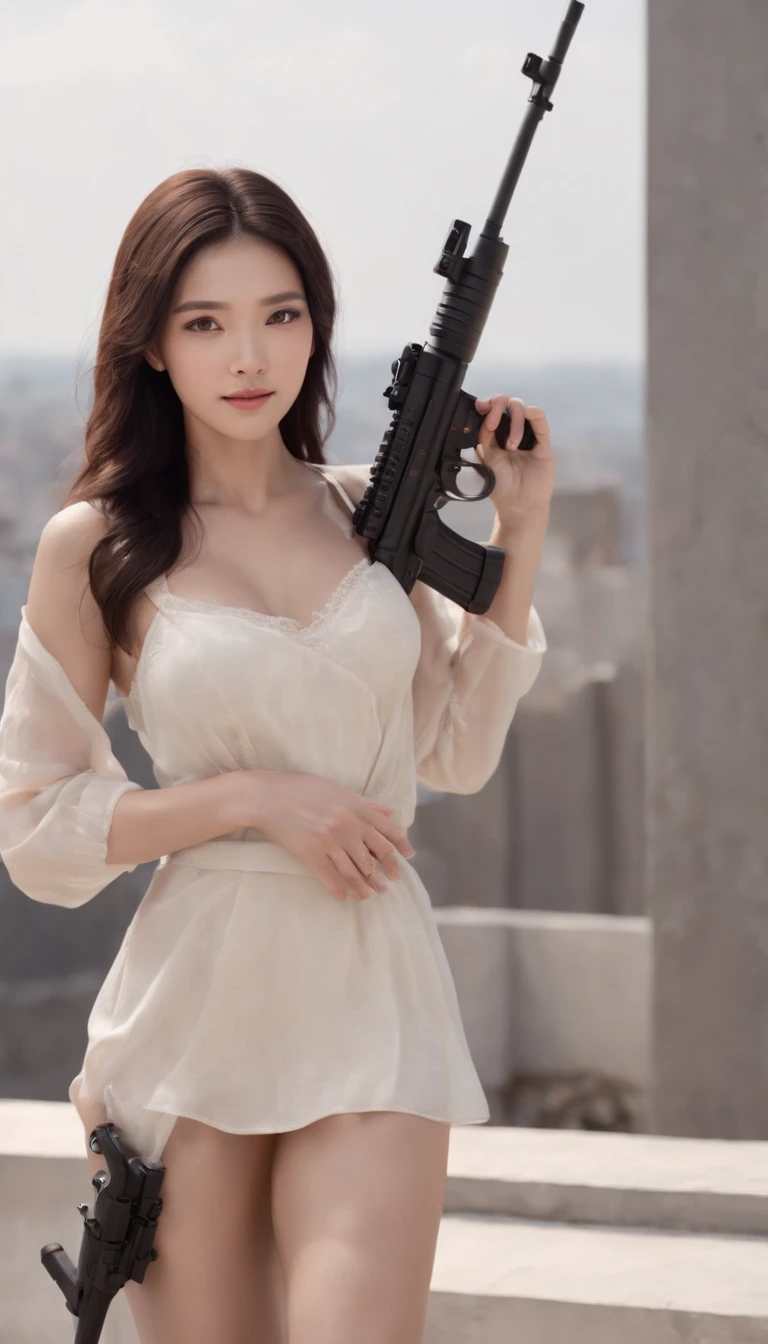 A female sniper ambushes the roof of a building,armed with a sniper rifle、Aim at the enemy,Background,Ultra-high-definition photography,Mattia,Golden ratio,Chinese Woman、zora々Right、white under lingerie、short purple skirt、open navel、Long whit hair、A tall man、Black hair color、full body Esbian、Photorealsitic、Skin highlights、largeeyes、perfect anatomia,With a smile