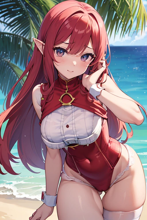 sea beach,Sunnyday,Swimming rings,red bikinis,Tokisaki Crazy Three,(High top fade in and out:1.3)、dual horsetail、ssmile, Soothing tone、pastelcolor、hight contrast、(Natural skin texture、softlighting)、actual、Leaning forward、dynamicposes、profesional lighting、Super quality、masterpiece、8K、(((Detailed crotch、detailed outfits、A detailed的the face、詳細な目、Flawless skin texture、perfect anatomia、Correct anatomy、proporções perfeitas、perfect hips、The face is perfect、with perfect arms、perfect hand、Perfect Finger、Perfect toes、with perfect legs)))、(small-sized buttocks、thighs thin、thick-waisted、Strong-willed eyes、Sparkling eyes like cats)、、d杯、Red blush:1.8、、porcelain skin、colours_optical aberration、bokeh:1.8、(Fluttering、(underbust:1.6)、、The shape of Dantian is clearly visible、red ears、arms cuffs、 (1 girl:1.3)、1.4 Official art,ultra - detailed,big breasts beautiful,,tmasterpiece,best quality,