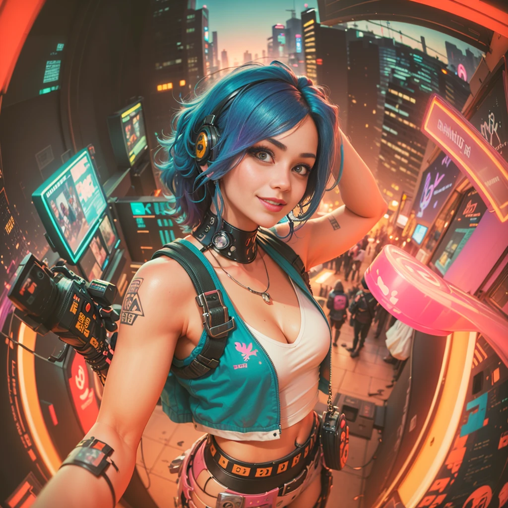 ((cyberpunk girls wearing colorful Harajuku style pop outfit)), ((((fisheye lens)))), cowboy shot, wind, purple hair, ((cyberpunk 2077 cityscape)), (cyberpunk aesthetics and atmosphere:1.3), bright colors, smiling, ((cinematic lighting)