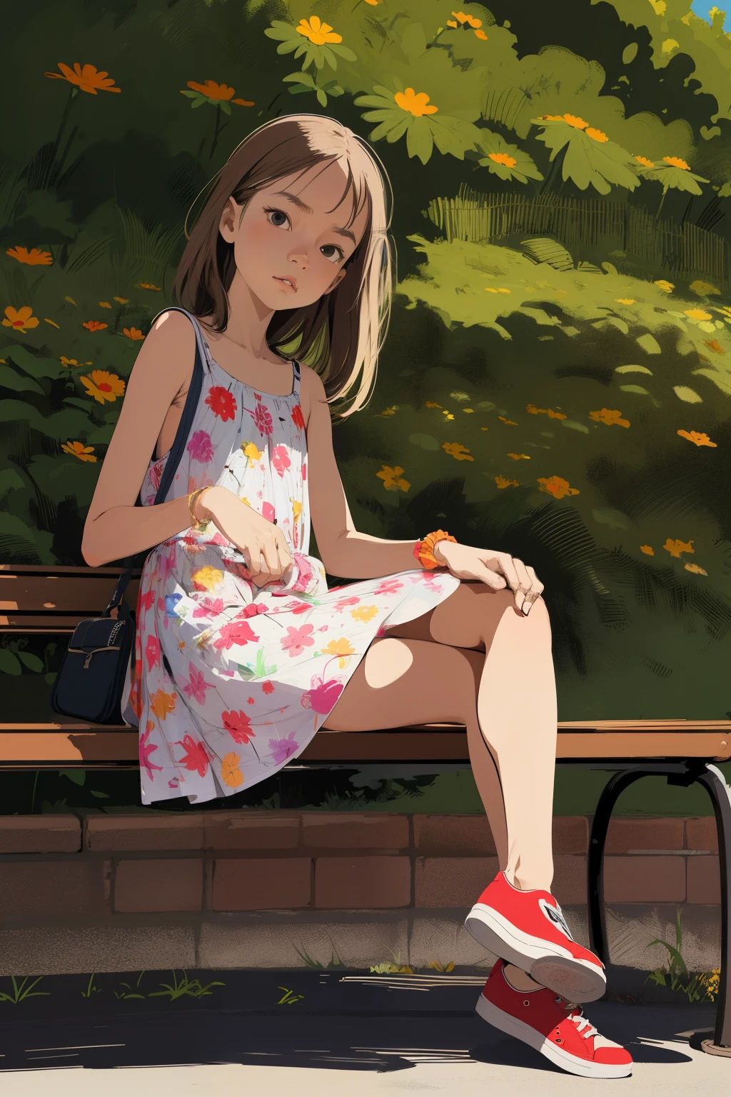 (superflat, flat shading, flat colors), masterpiece, best quality, 1girl, , peti summer dress, mini skirt, red sneakers, sitting on bench, crossed legs, look at viewer, embarassed, summer, sunlight, vibrant colors