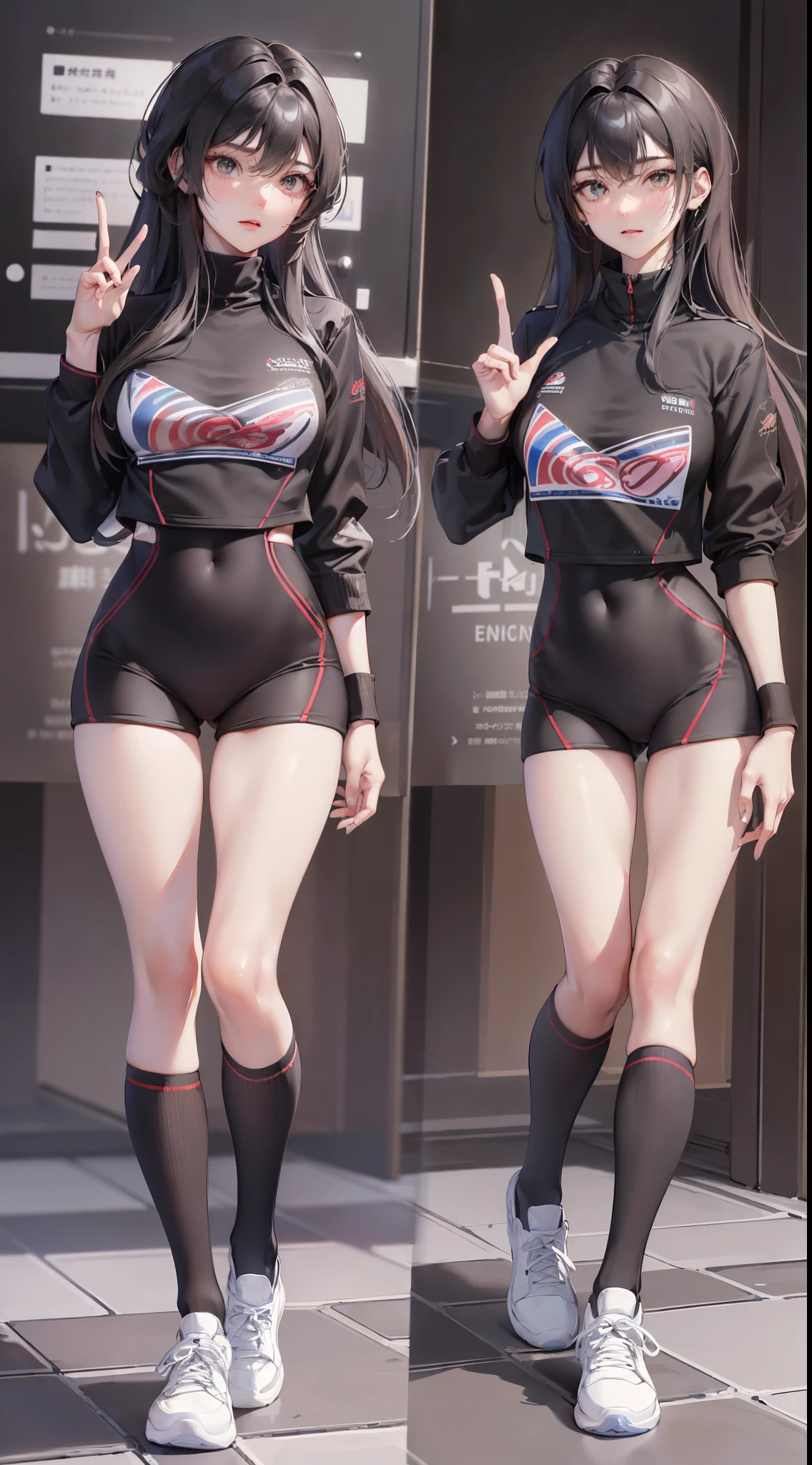 Full body like,legs long,170 height,(Best quality at best,4K,8K,A high resolution,tmasterpiece:1.2),ultra - detailed,(actual,realistically,realistically:1.37),Not in the mood,Thigh thick,poster advertising style,Emotional gestures,western metal,Moderate chest size,Happy expression,Student sports uniform sneakers