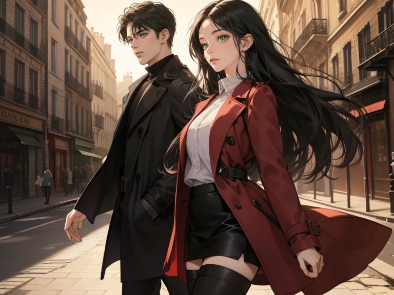 couple, 1 man 1 woman, extremely detailed face, ((woman with long black hair, dark green eyes)), man with short curly dark hair and dark browneyes, 25 years old, , (woman wears red long sleeve shirt, short black skirt and black thigh high boots), (man wears a brown trench coat, black pants), dim light, boy is taller, background: Paris, France streets