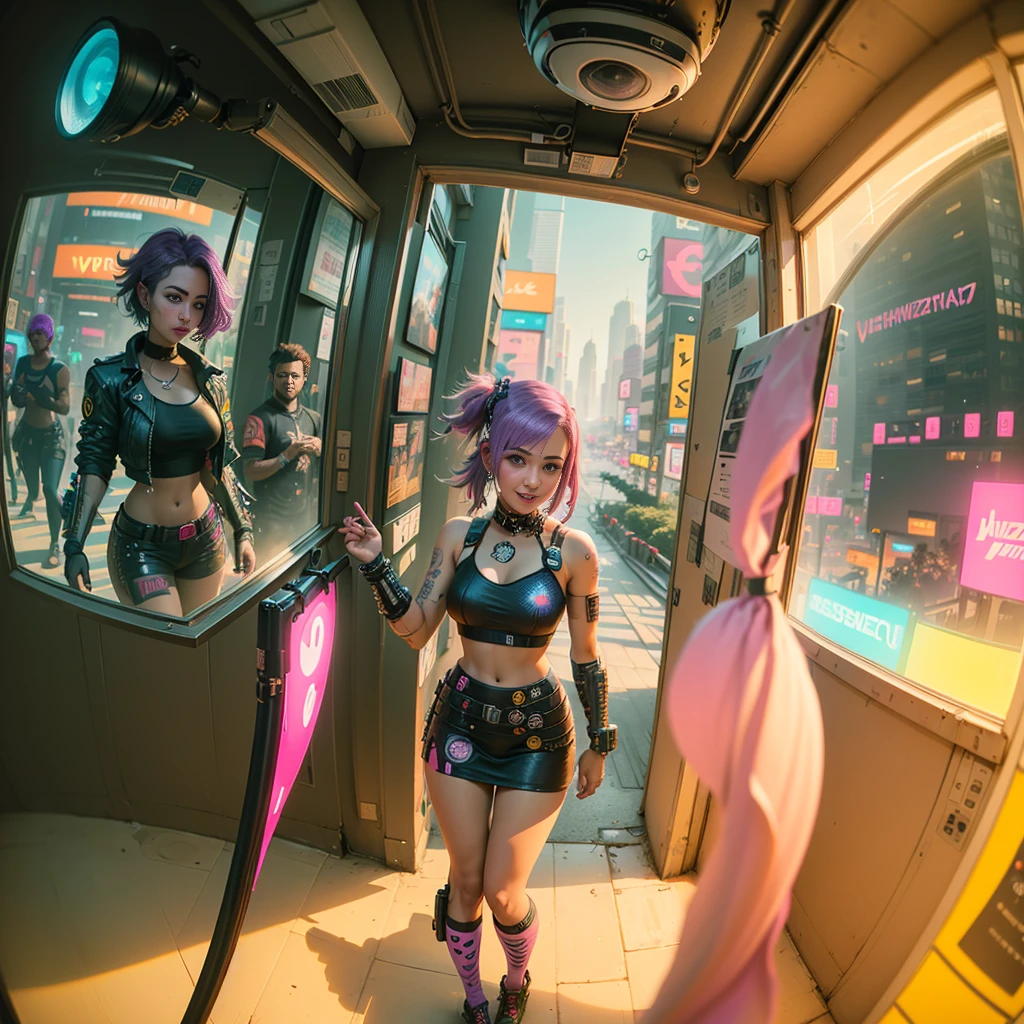 ((cyberpunk girls wearing colorful Harajuku style pop outfit)), ((((fisheye lens)))), cowboy shot, wind, purple hair, ((cyberpunk 2077 cityscape)), (cyberpunk aesthetics and atmosphere:1.3), bright colors, smiling, ((cinematic lighting)