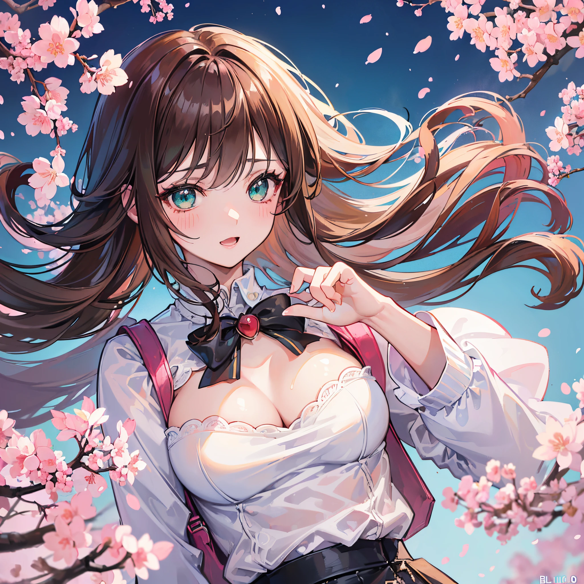 ((masterpiece, best quality, highres, UHD, perfect pixel, depth of field, 4k, RTX, HDR))), 1girl, single, solo, beautiful anime girl, beautiful artstyle, anime character, ((long hair, bangs, brown hair)), ((green eyes:1.4, rounded eyes, beautiful eyelashes, realistic eyes)), ((detailed face, blushing:1.2)), ((smooth texture:0.75, realistic texture:0.65, photorealistic:1.1, anime CG style)), ((medium breasts, cleavage, busty)), dynamic angle, perfect body, ((POV, dynamic pose, portrait)), ((white sweater, long sleeve, black skirt, plaid skirt, fashionable, 1handbag, 1diamond necklace, visible bra:0.95)), smile, open mouth, amusement park, ((cherry blossom tree, cherry blossoms fall))