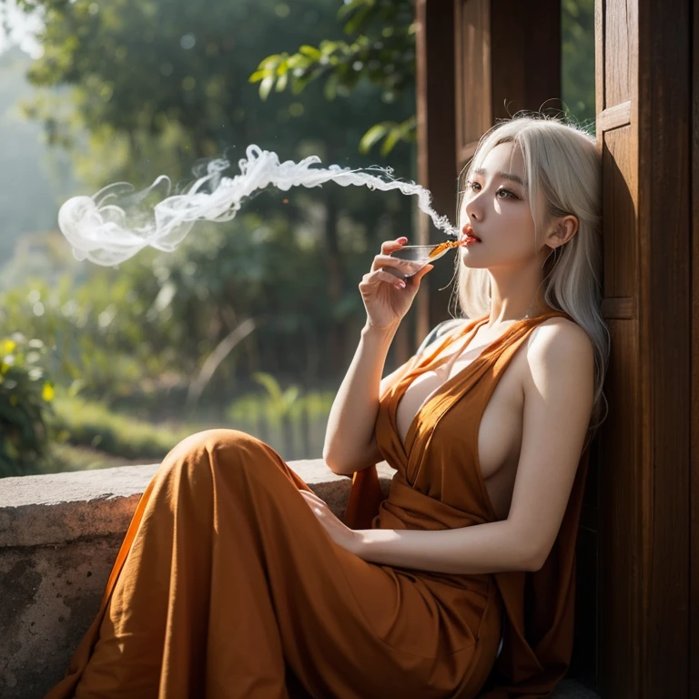 ancient Chinese style mythology,Fantasy novels,Beautiful CG monk,Chinese woman,White-haired witch,faeries,Large breasts ,Great Assa,Ultra HD Wallpapers Best Quality, 4K, 8K, A high resolution, tmasterpiece:1.2), ultra - detailed, 18,Smoking, drinking and beautiful