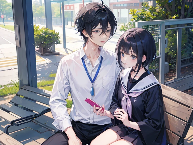 It has a Japanese anime style，quadratic element，a young man and a woman，modern day，husband and wife, High school student with black hair and beautiful eyes, Sweet and interactive, Fair skin, School playground，light and shadows, Exquisite hair and detailed drawings，Boys have short hair，Girls have long hair，Boys look juvenile，Male business is full of energy，Girls are cute