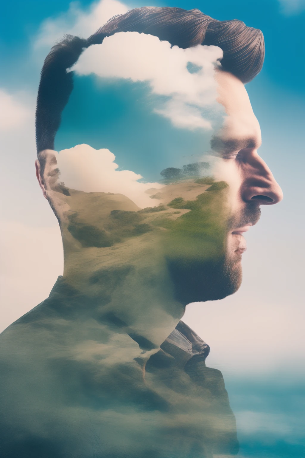 dublex, 1boy, (beach), Double exposure,