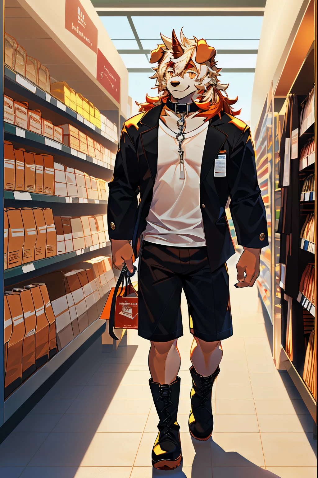 (stay in log, author:ghost of emptiness, by making friends, by honoway, by thebigslick, author:Feinhertz), male people, Alone, Domestic dogs, horn, shrug ears, paws with claws, ssmile,tmasterpiece, Best quality, offcial art, extremely detaild的 CG unified 8k wallpapers, ultra - detailed, Best Best Illustration, The best shadow, perfect litthing, Hooking (/arknight/), White fur, furry male, Dog boy, hairy pubic hair, Two-tone fur, 1 boy, Hair color, malefocus, horn, Striped hair, dog ears, Animal ears, single horn, Brown fur, through bangs, orange color hair, White hair, Medium hair, Orange pupils, Alone, Black pupils,ssmile,face flushed,the shy,sexy for,Casual T-shirt,Casual shorts,Bare calves,black black jacket,boots,In the shopping center,in a clothing store,with a collar around the neck,Dog leash,are standing,Lateral face,Lateral face,Alone,Tall and strong,Orange tail,furry tail,The hair is supple,panting,Gentle eyes,Mild,A slight smil,strong,(The light is gentle),coffee in hand,Hand-held shopping bags,tall,Mild,long leges,short nose
