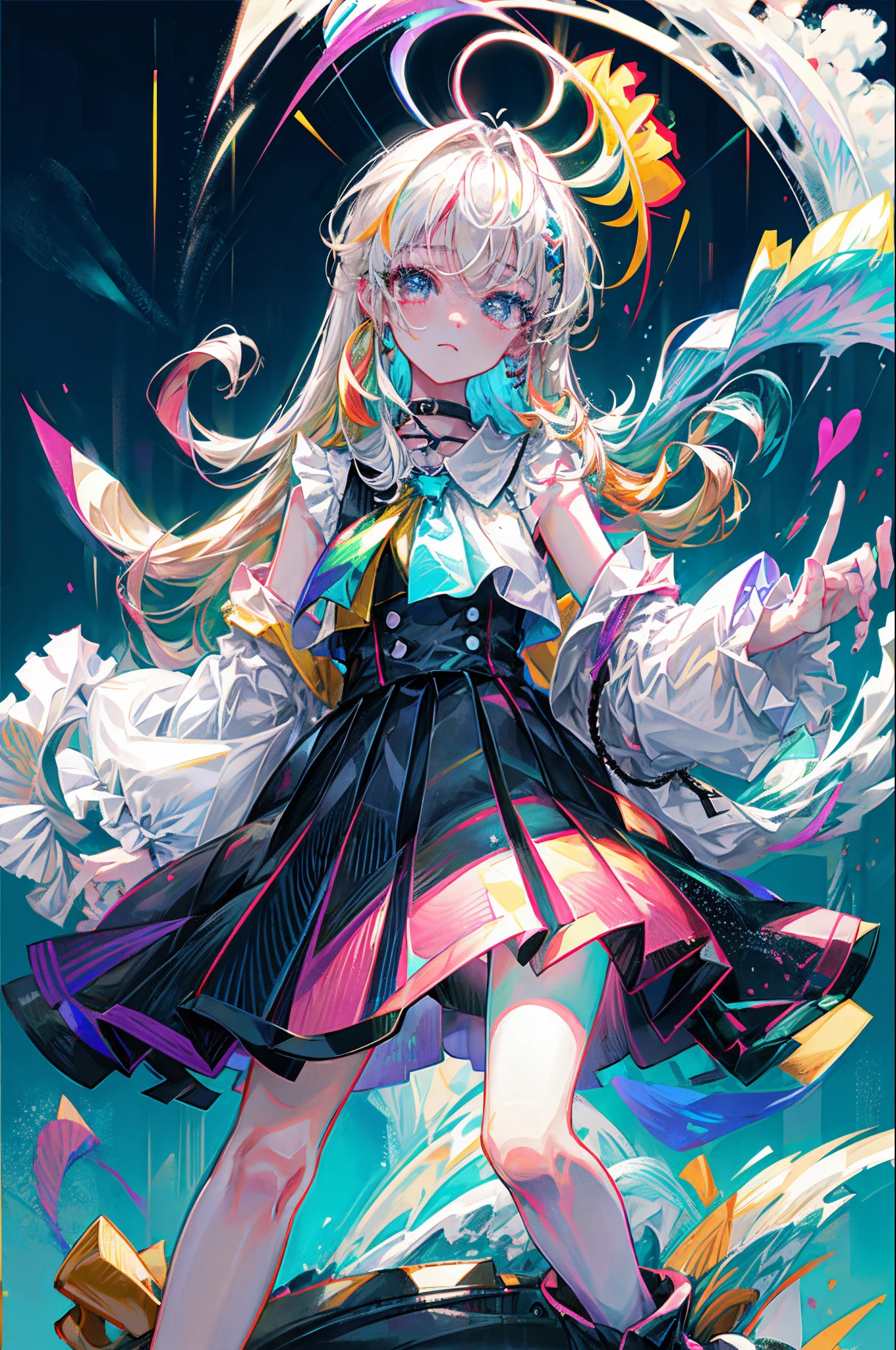 Rainbow on background、Irridescent color、colourfull、top-quality、超A high resolution、(Photorealsitic:1.4)、Female 1 Person、Sleeveless white buttoned shirt、Black skirt、Black Choker、cute little、(Kpop Idle)、(attractiveness:1)、(Platinum Blonde Hair:1)、((Puffy eyes))、Look at the viewer、full body Esbian、Facing the front