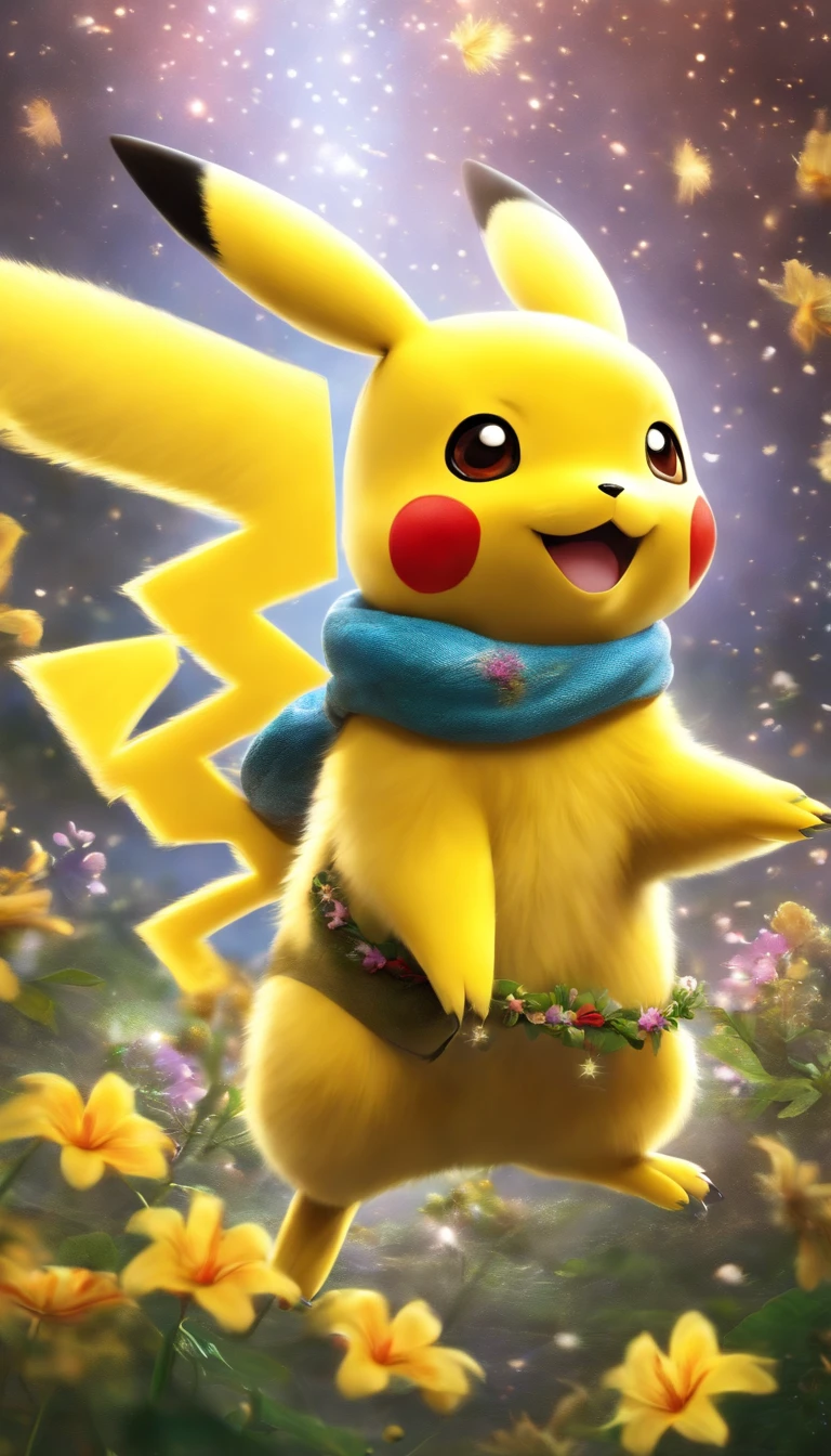 (masutepiece, Best Quality), Ultra-realistic and stunning digital artwork, Featuring a transparent Pikachu in a magical and whimsical environment, Filled with vibrant colors and dynamic textures. Pikachu is depicted in a playful and mischievous pose, As if you were about to take action. The environment is filled with sparkling particles and fantastic elements, Flowers, etc., Leaves, and stars in the, Adds an overall captivating and dreamy feel to the artwork.