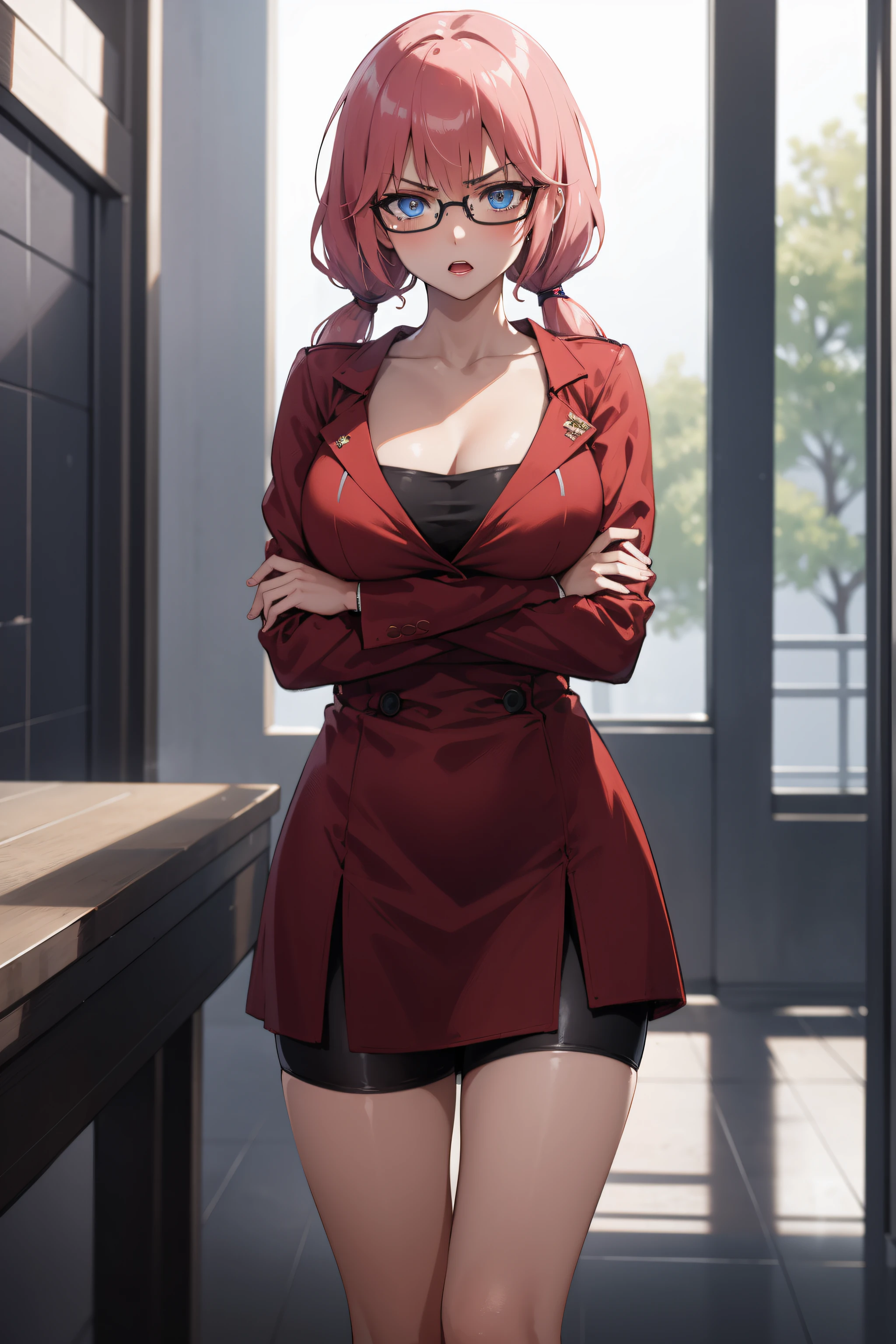 airisakura, airi sakura, blue eyes, glasses, long hair, pink hair, (low twintails:1.5),
BREAK glasses, red dress with a red cape,
BREAK looking at viewer, full body, (cowboy shot:1.5),crossed arms,angry, pov, 
BREAK indoors, classroom,
BREAK (masterpiece:1.2), best quality, high resolution, unity 8k wallpaper, (illustration:0.8), (beautiful detailed eyes:1.6), extremely detailed face, perfect lighting, extremely detailed CG, (perfect hands, perfect anatomy),