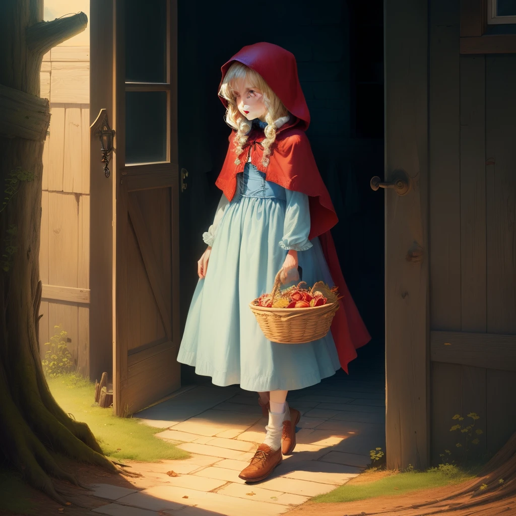 There was a woman in a red dress holding a basket, fairy tale style background, beautiful render of a fairytale, littleredridinghood, thief red riding hood, Inspired by Dorothy Hood, littleredridinghood, fantasy matte painting,Cute, Realistic fantasy rendering, fantasy fairytale story, background artwork, fantasy digital painting, beautiful fantasy maiden, digital art fantasy art, beautiful fantasy art