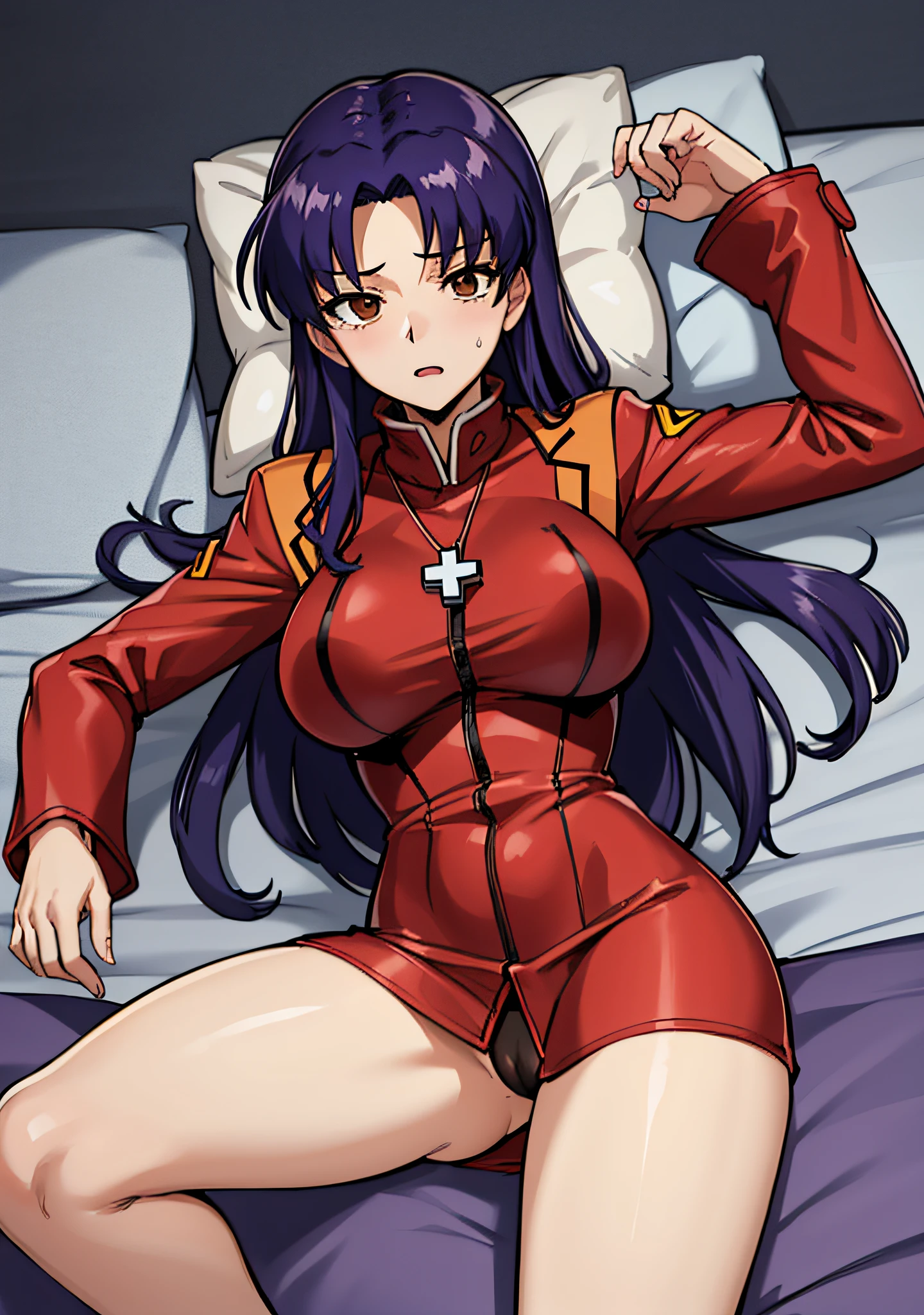 (masutepiece),(Best Quality), Katsuragi Misato, 、Colossal tits、See-through black dress,Seductive underwear、Sleeping in bed、 Spread your legs apart、Brown eyes, Cross Necklace, Red jacket, Close, Outside, Persistent stare, Sharp eyes, Spread your legs apart、、Open the crotch、sexy langeries