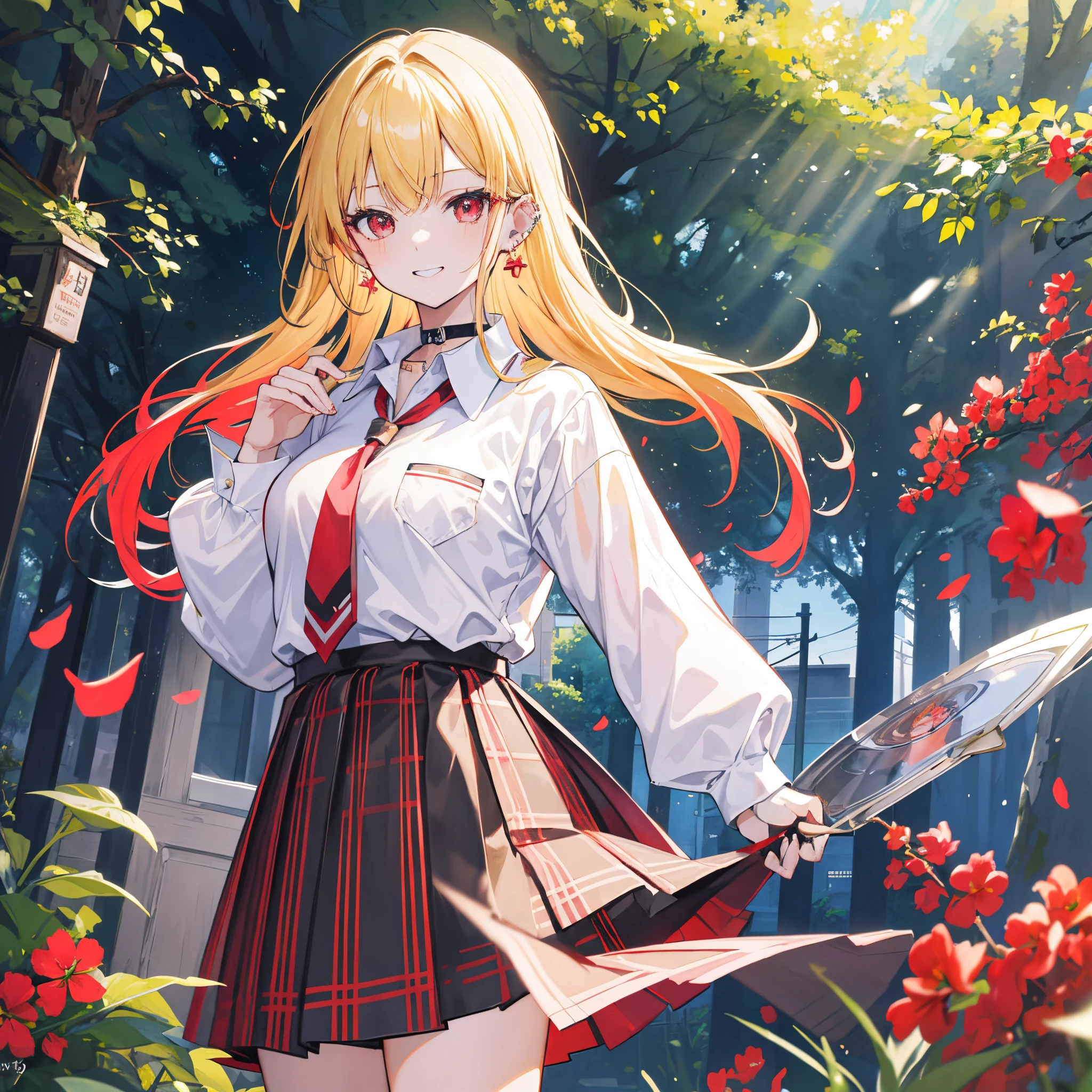 anime girl in a school uniform holding a knife in a garden, yandere, yandere. tall, yandere intricate, cushart krenz key art feminine, blonde anime girl with long hair, detailed key anime art, light novel cover art, gapmoe yandere, official artwork, epic light novel art cover, high detailed official artwork