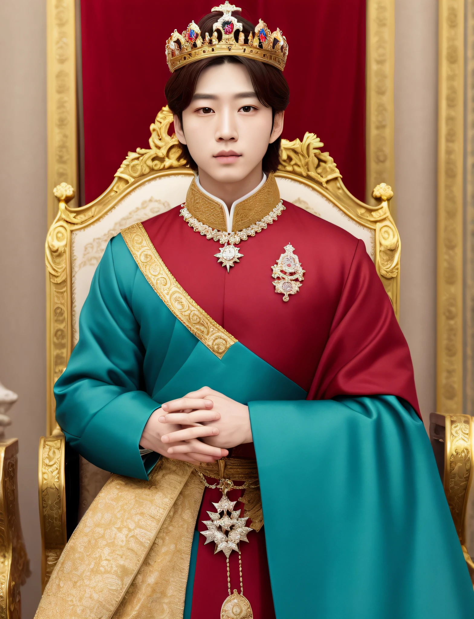 masterpiece, sharp focus, 8k, highly detailed, best quality, very detailed, very high resolution, (photorealistic:1.2), (ulzzang-6500:0.5), (pureerosface_v1:0.5), Man, His Majesty, no beard, King, Red jeweled crown, Beautiful clothes, western aristocracy, brown hair, sword, Plug it into the ground, Place your hand on the hilt, Gold Jeweled Ring, Stand in front of the throne, Look into the distance, Photo, Detail, Very clear detail, Perfect detail,
