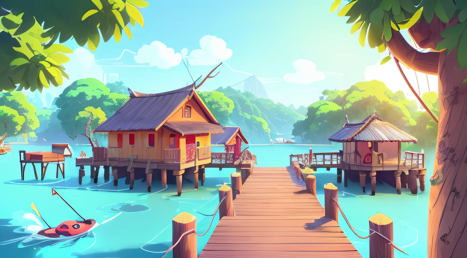 a jetty in a fishing village in Malaysia, 2D animation background, anime style art