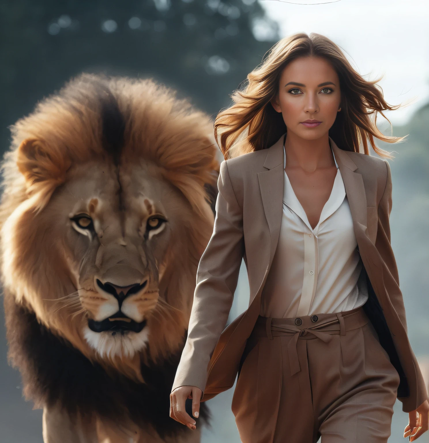 A beautiful girl with big breast in black suit standing with lion 