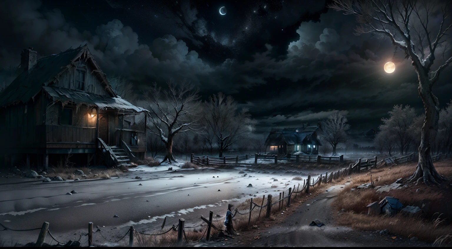 realistic photo of an old and abandoned house, create a cold and dark night, broken stone road, old fences, poor lighting, old trees with dry branches, dry leaves on the ground, fog, heavy clouds, small moon in the sky, old poles lighting and a girl in a black dress and scarf watching