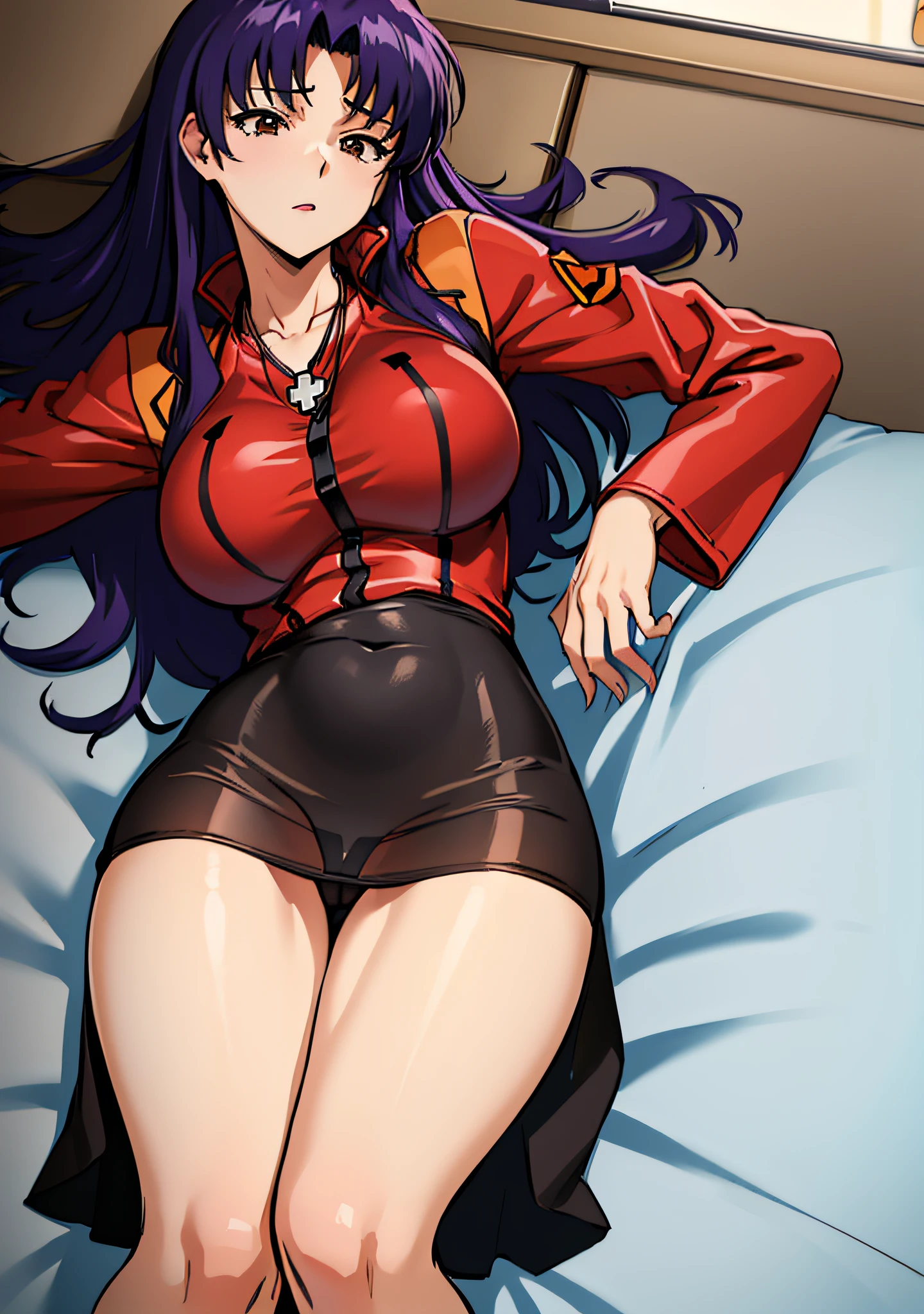 (masutepiece),(Best Quality), Katsuragi Misato, 、Colossal tits、See-through black dress,Seductive underwear、Sleeping in bed、 Spread your legs apart、Brown eyes,  Cross Necklace,  Red jacket,    Persistent stare, Sharp eyes, Spread your legs apart、Open your crotch、sexy langeries